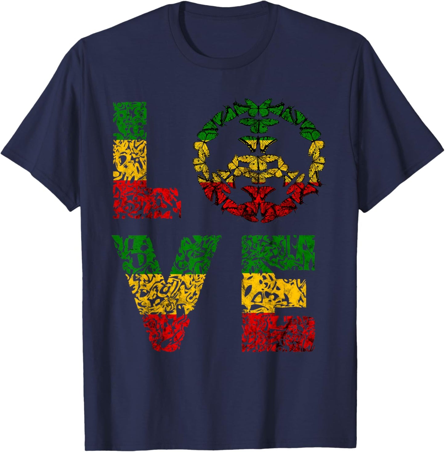 Love Butterfly Peace Symbol Reggae Rastafari Reggaeton T-Shirt - T-Shirt | Navy