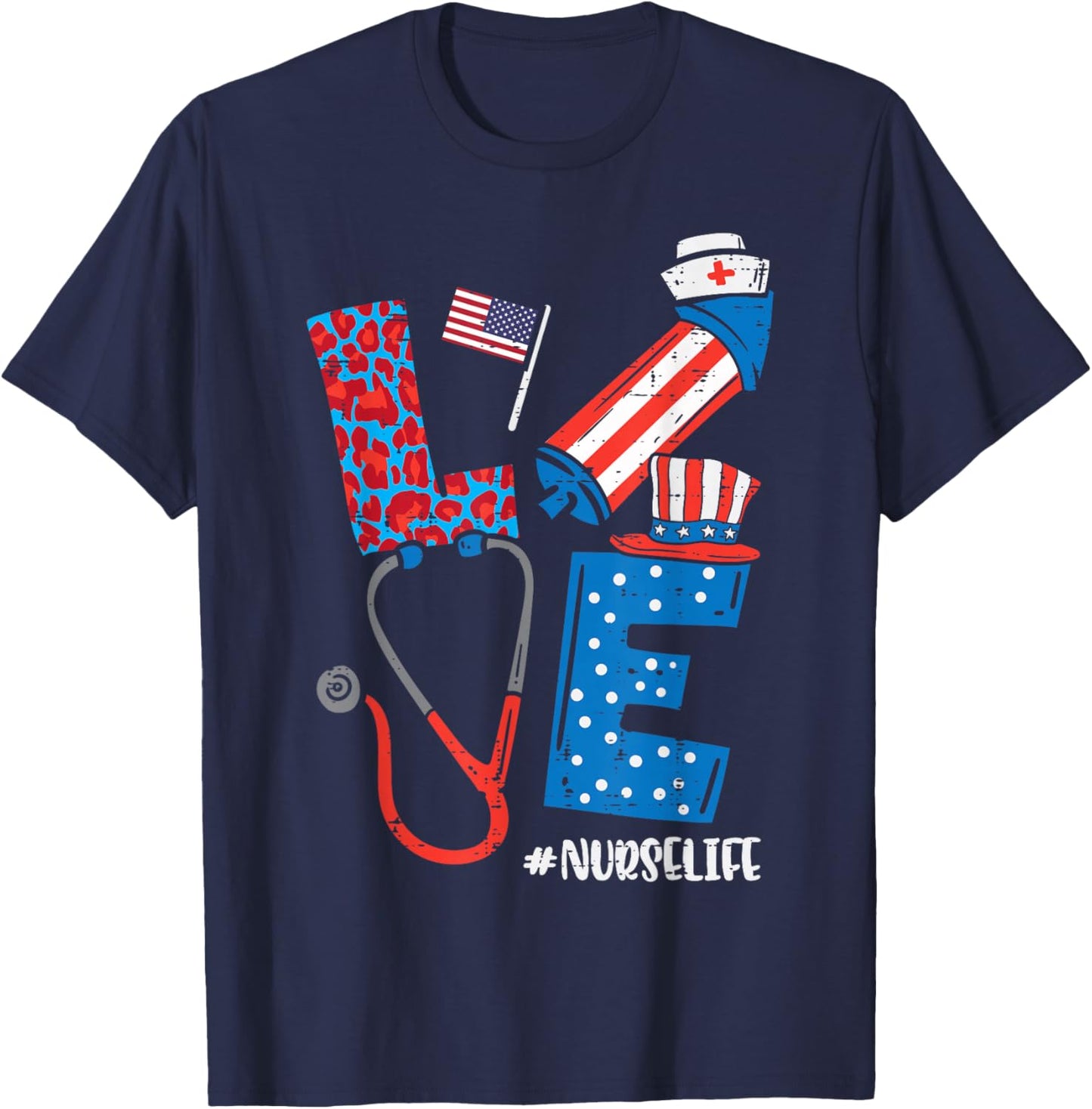 Love Leopard Nurse Life 4th Of July Scrub Top Patriot Women T-Shirt - T-Shirt | Navy