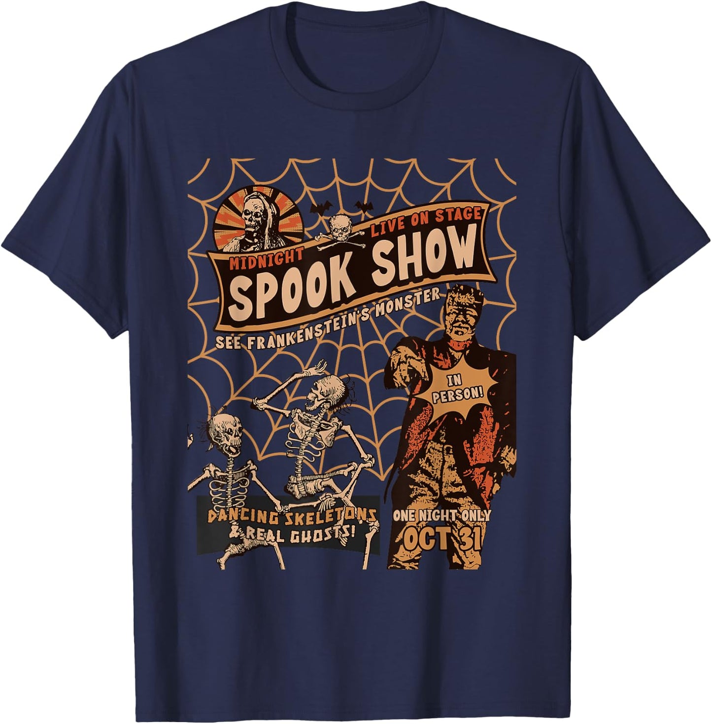 Retro Halloween Skeleton Horror Monster Midnight Spook Night T-Shirt - T-Shirt | Navy