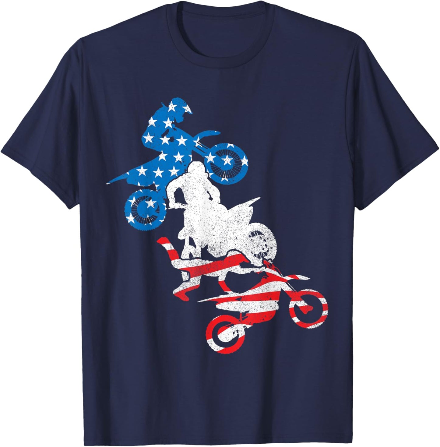 Dirt Bike Rider Blue White Red US Flag Motocross 4th of July T-Shirt - T-Shirt | Navy