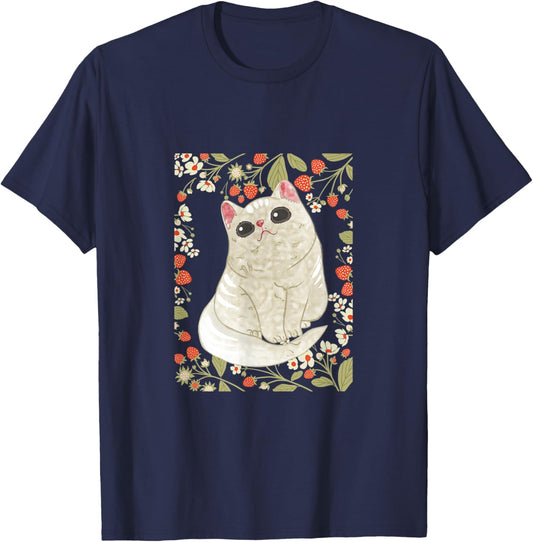 Cute Cat with Strawberry and Flower T-Shirt - T-Shirt | Navy