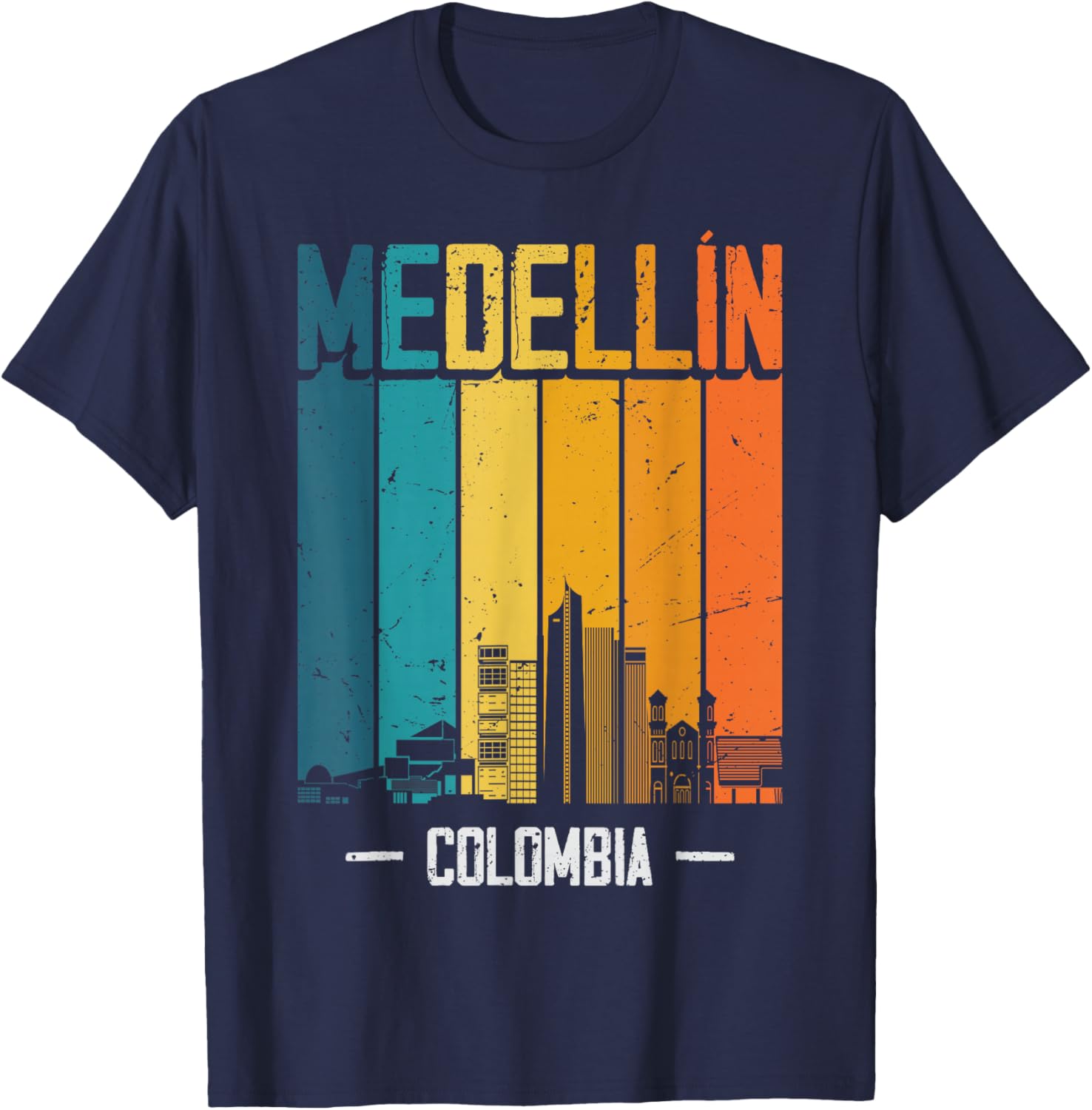 Medellin Colombia Retro Vintage Sunset Skyline Medellin T-Shirt - T-Shirt | Navy