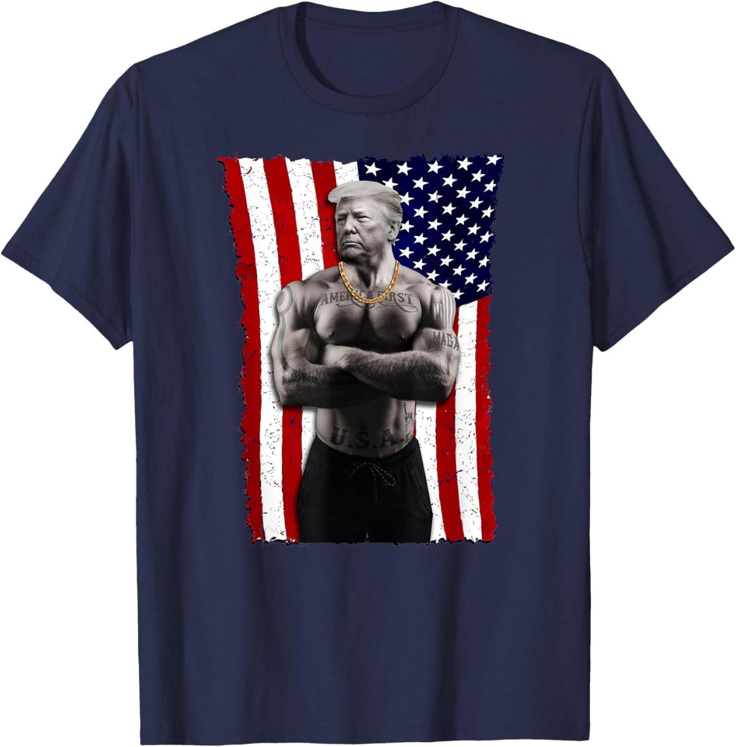 Gangster Pro Donald Trump Tattoo Republican American Flag v4 T-Shirt - T-Shirt | Navy