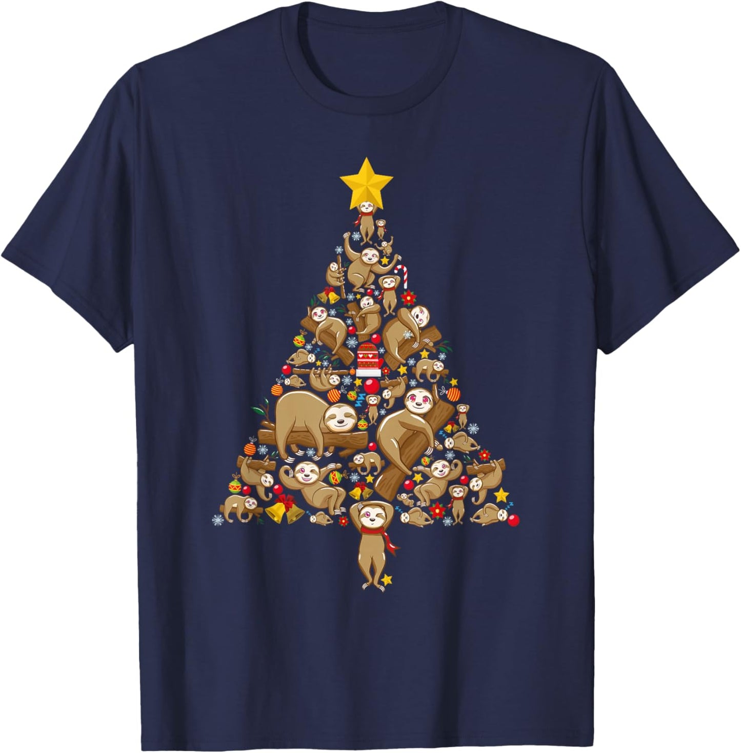 Funny Sloth Christmas Tree Lazy Animal Xmas Women Men Kids T-Shirt - T-Shirt | Navy