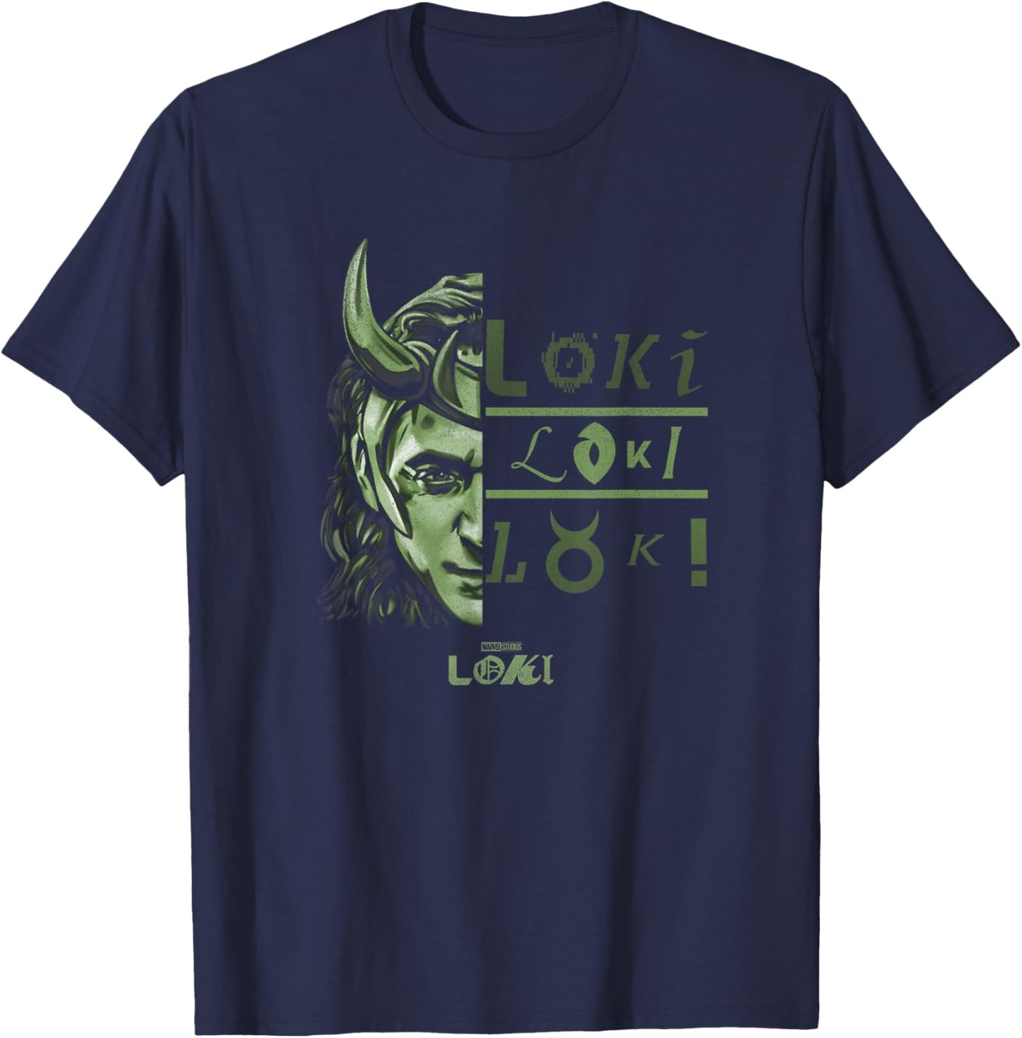 Marvel Loki Split Face Loki Logo Stack T-Shirt - T-Shirt | Navy