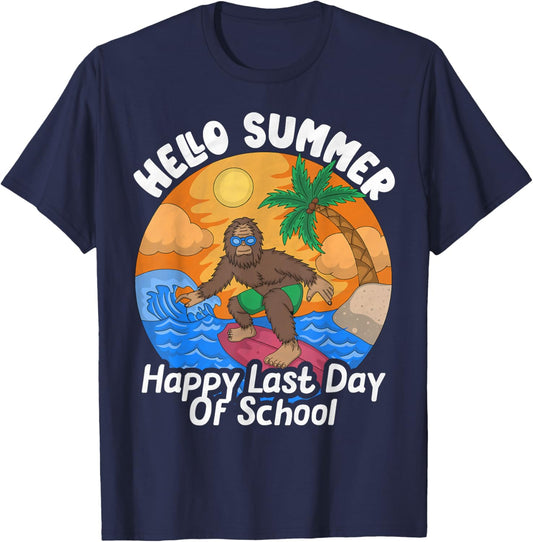 Big Foot Sasquatch Kids Hello Summer Surfing Last Day School T-Shirt - T-Shirt | Navy