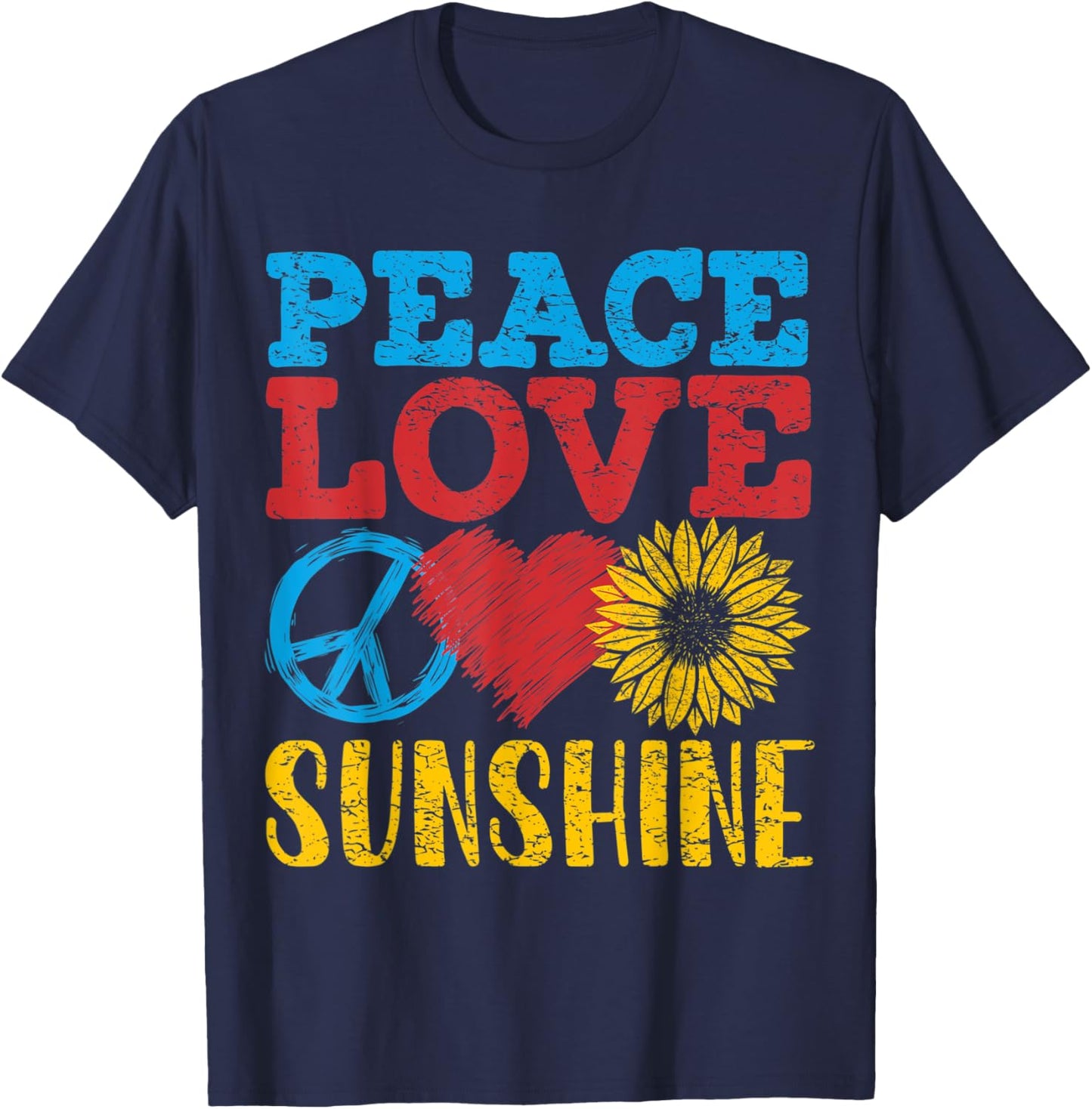 Peace Love Sunshine, Sunflower Women, Retro T-Shirt - T-Shirt | Navy