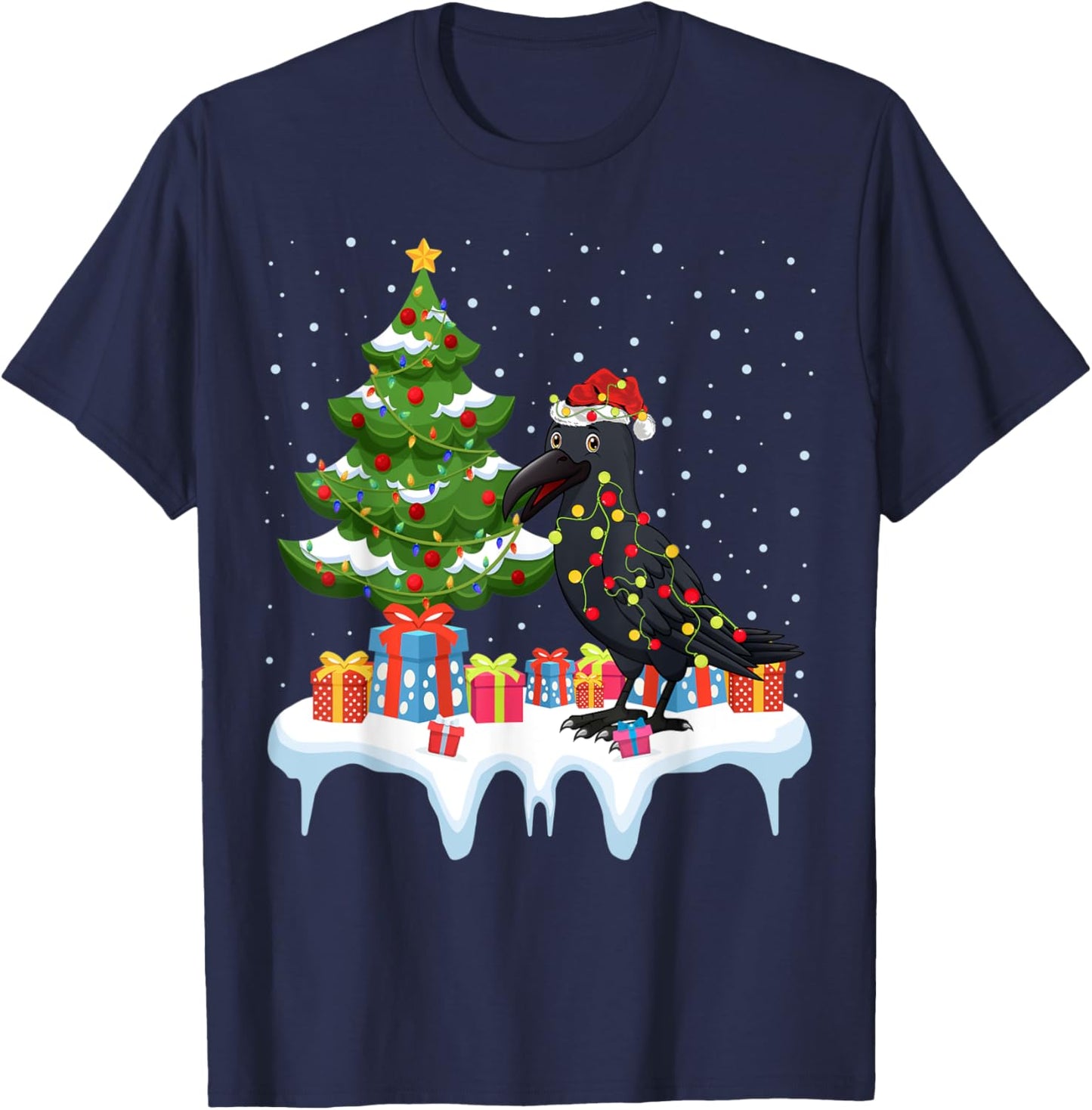 Xmas Lighting Tree Santa Hat Raven Christmas T-Shirt - T-Shirt | Navy