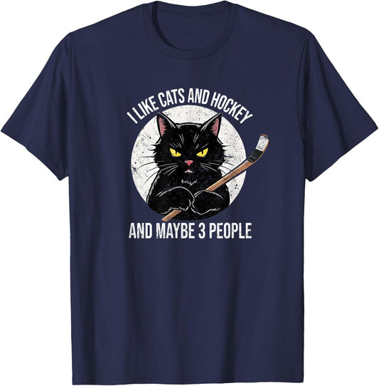 I like cats and hockey and maybe 3 people T-Shirt - T-Shirt | Navy