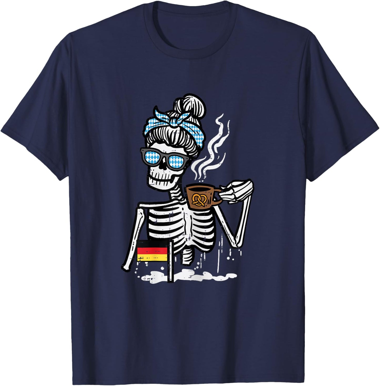 Oktoberfest Skeleton Messy Bun Coffee German Mom Women Girls T-Shirt - T-Shirt | Navy