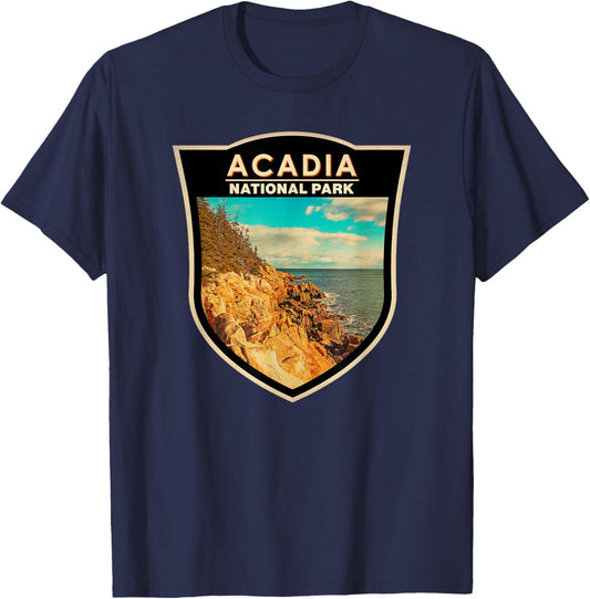 Acadia National Park Maine Bar Harbor Watercolor Badge T-Shirt - T-Shirt | Navy