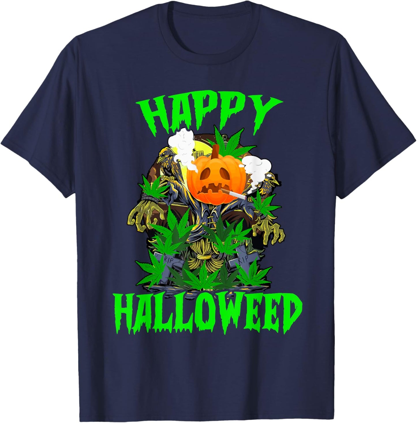 Funny Pumpkin Stoner Smoking Weed Happy Halloweed Halloween T-Shirt - T-Shirt | Navy