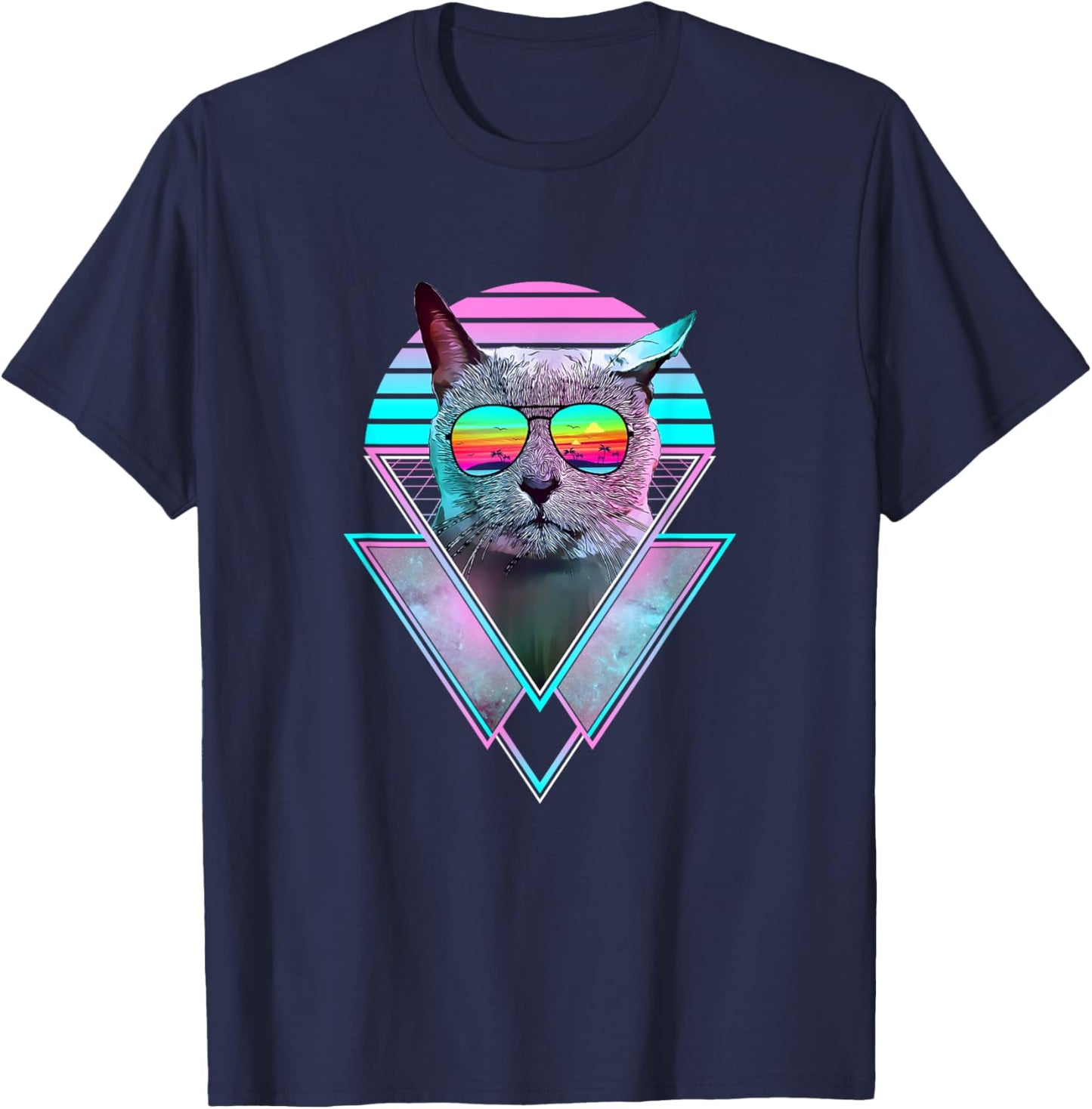 Russian Blue Cat Vintage Retro Vaporwave Beach Vibe Summer T-Shirt - T-Shirt | Navy