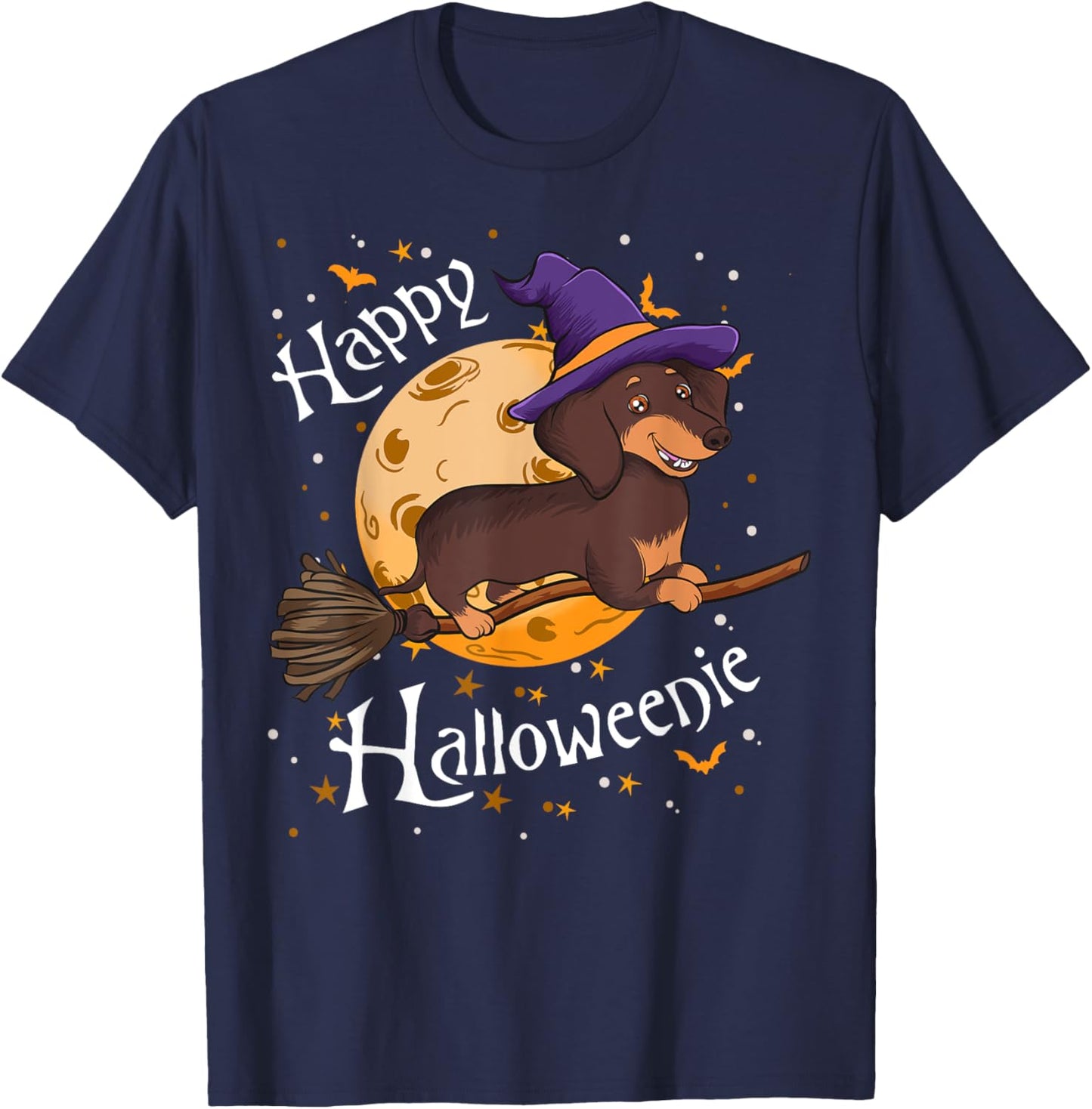 Happy Halloweenie Dachshund Dog Halloween Witch Wiener Broom Men Women Kids T-Shirt - T-Shirt | Navy