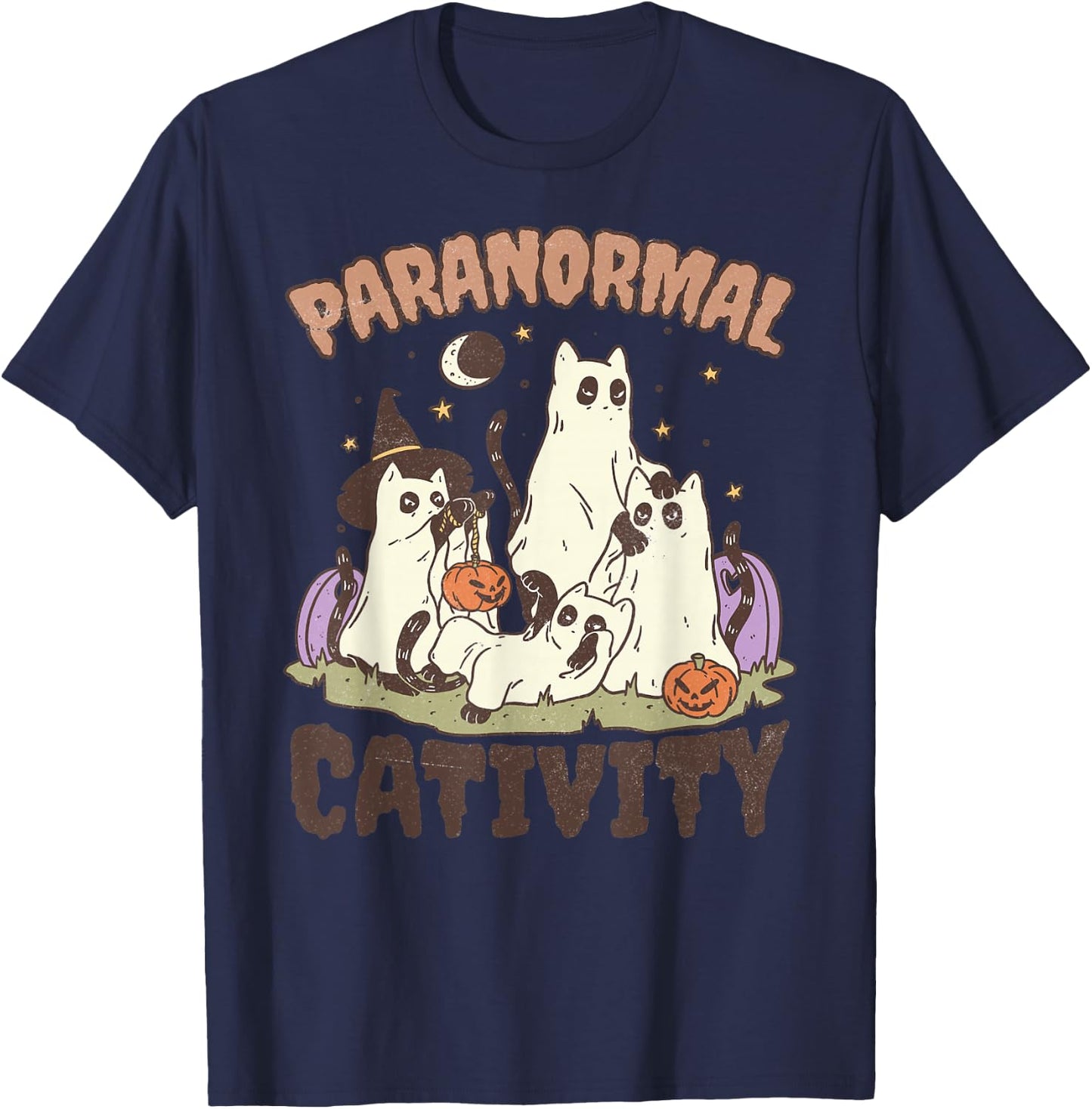 Paranormal Cativity, Cute Retro Halloween Black cat Ghost T-Shirt - T-Shirt | Navy