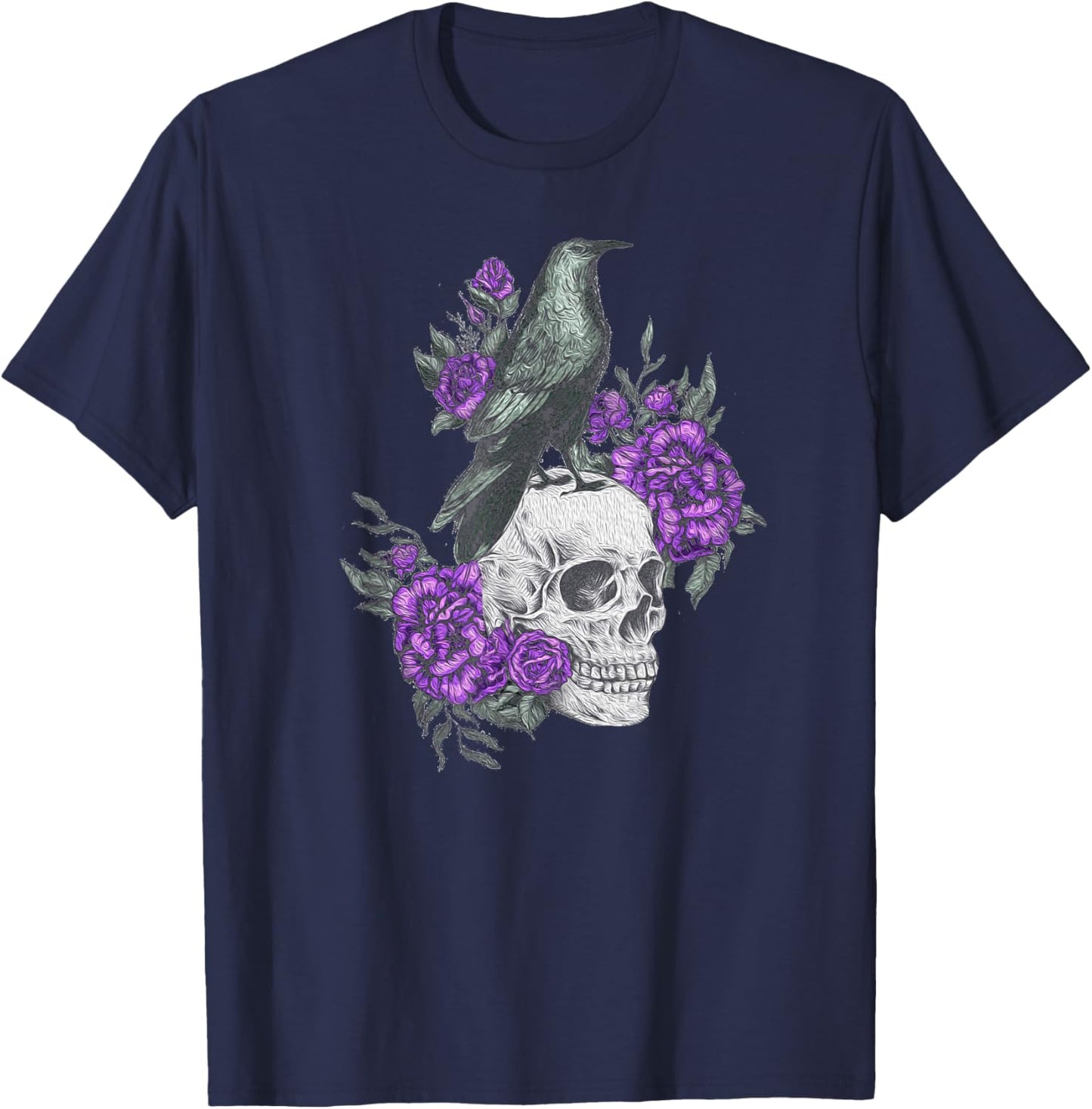 Vintage Sugar Skull and Crow Purple Rose Day of the Dead T-Shirt - T-Shirt | Navy