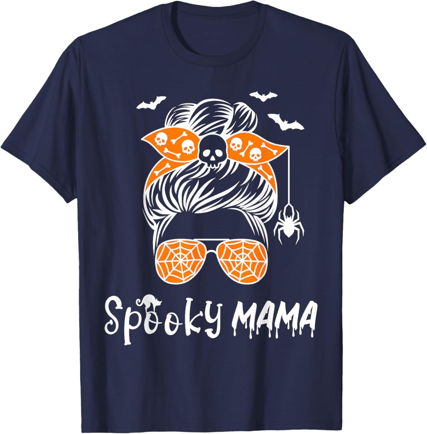 Messy Bun Spooky Mama Mom Funny Halloween Costume Skull T-Shirt - T-Shirt | Navy