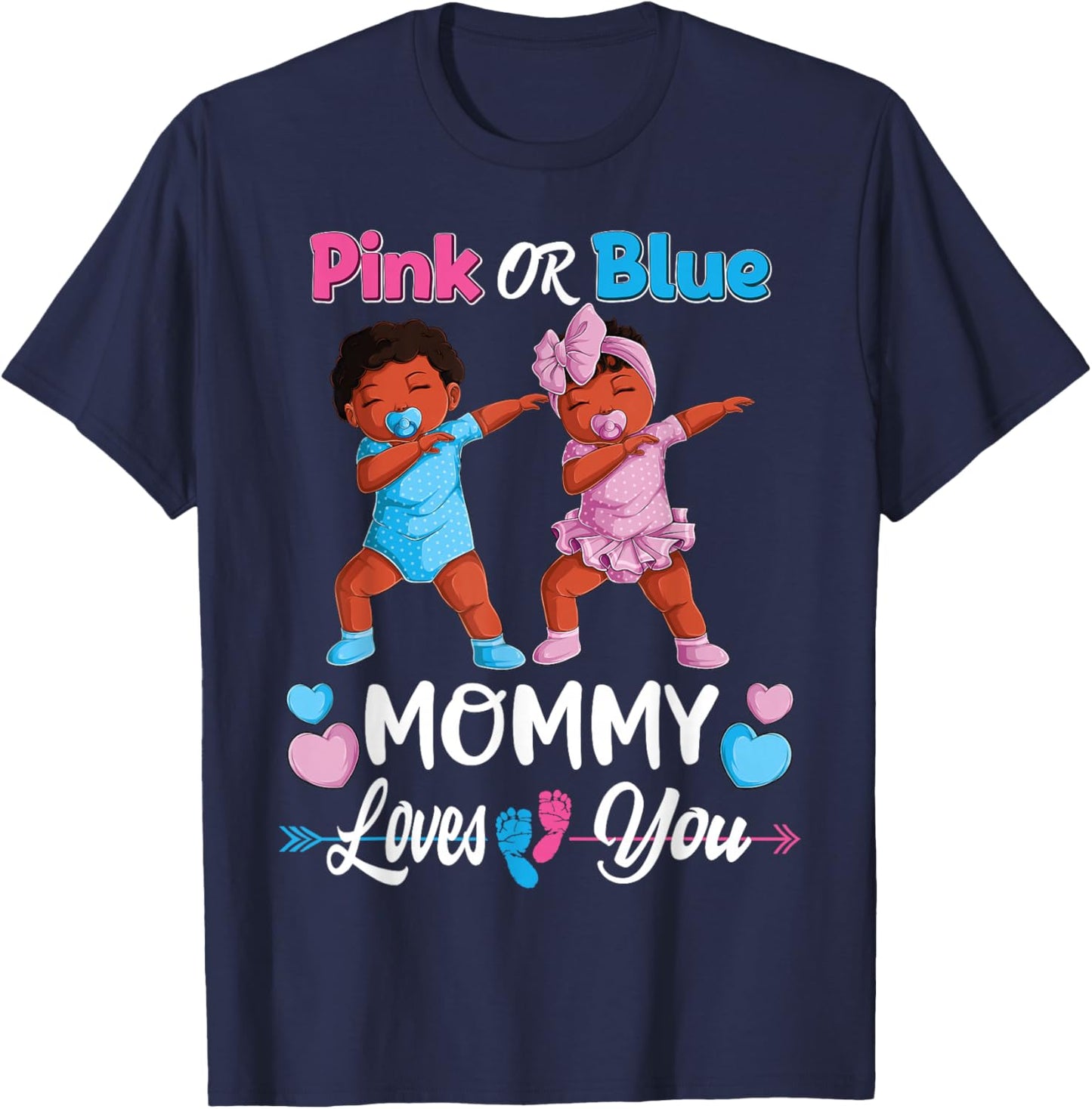 Pink Or Blue Mommy Loves You Black Baby Gender Reveal Party Small T-Shirt - T-Shirt | Navy