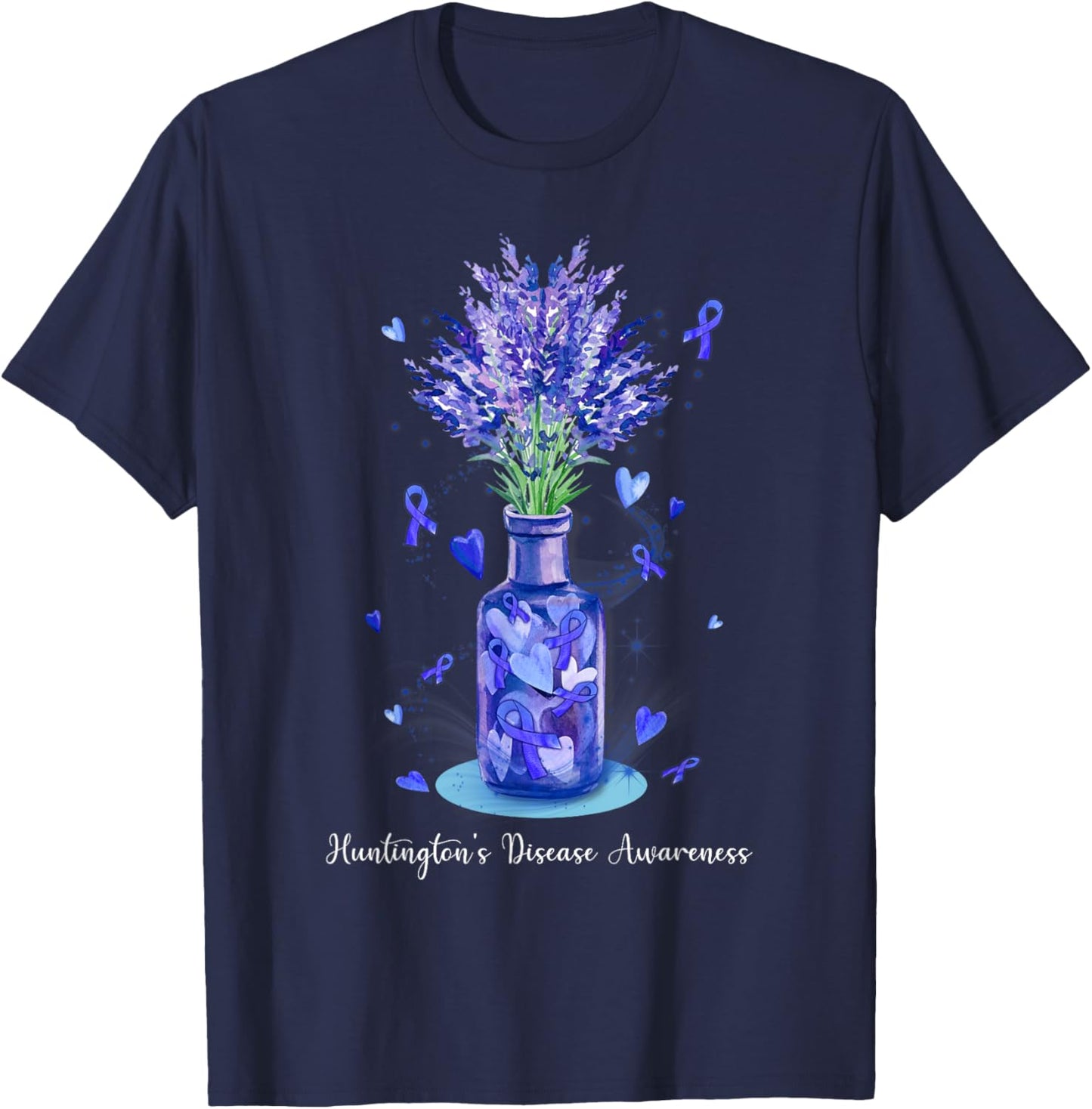Floral Blue Ribbon Huntington's Disease Awareness T-Shirt - T-Shirt | Navy