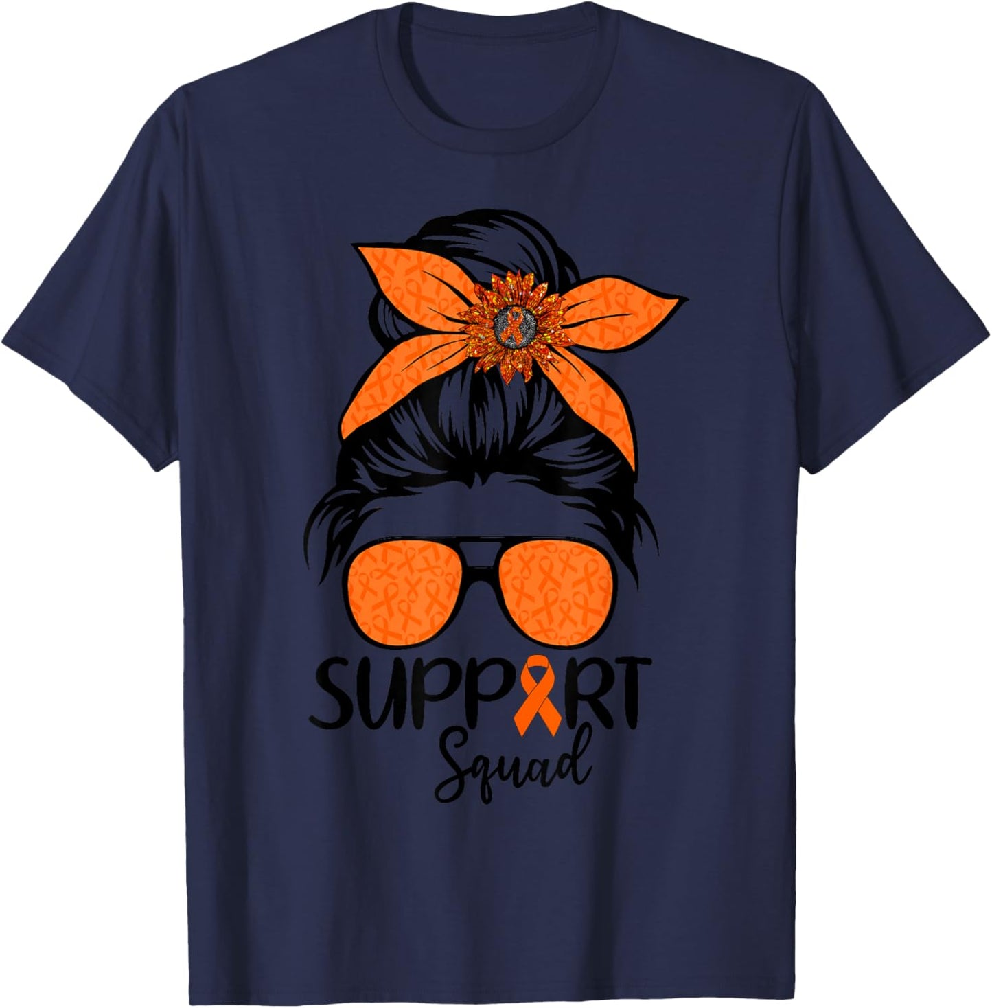 Women Messy Bun Orange Support Squad Kidney Cancer Awareness T-Shirt - T-Shirt | Navy