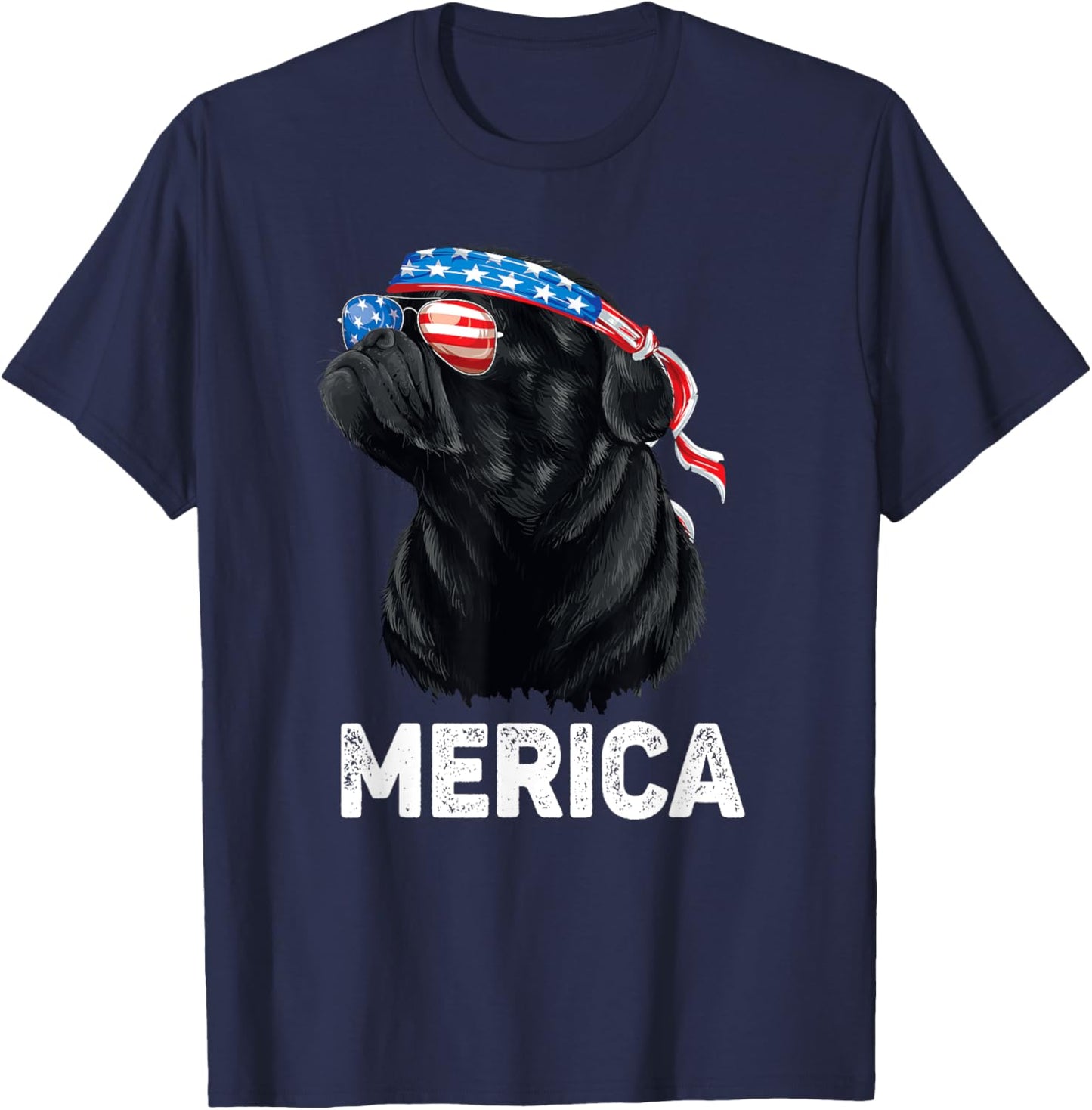 4th of July Dog Mom Dog Dad Merica USA Flag Funny Black Pug Women Kids Men T-Shirt - T-Shirt | Navy