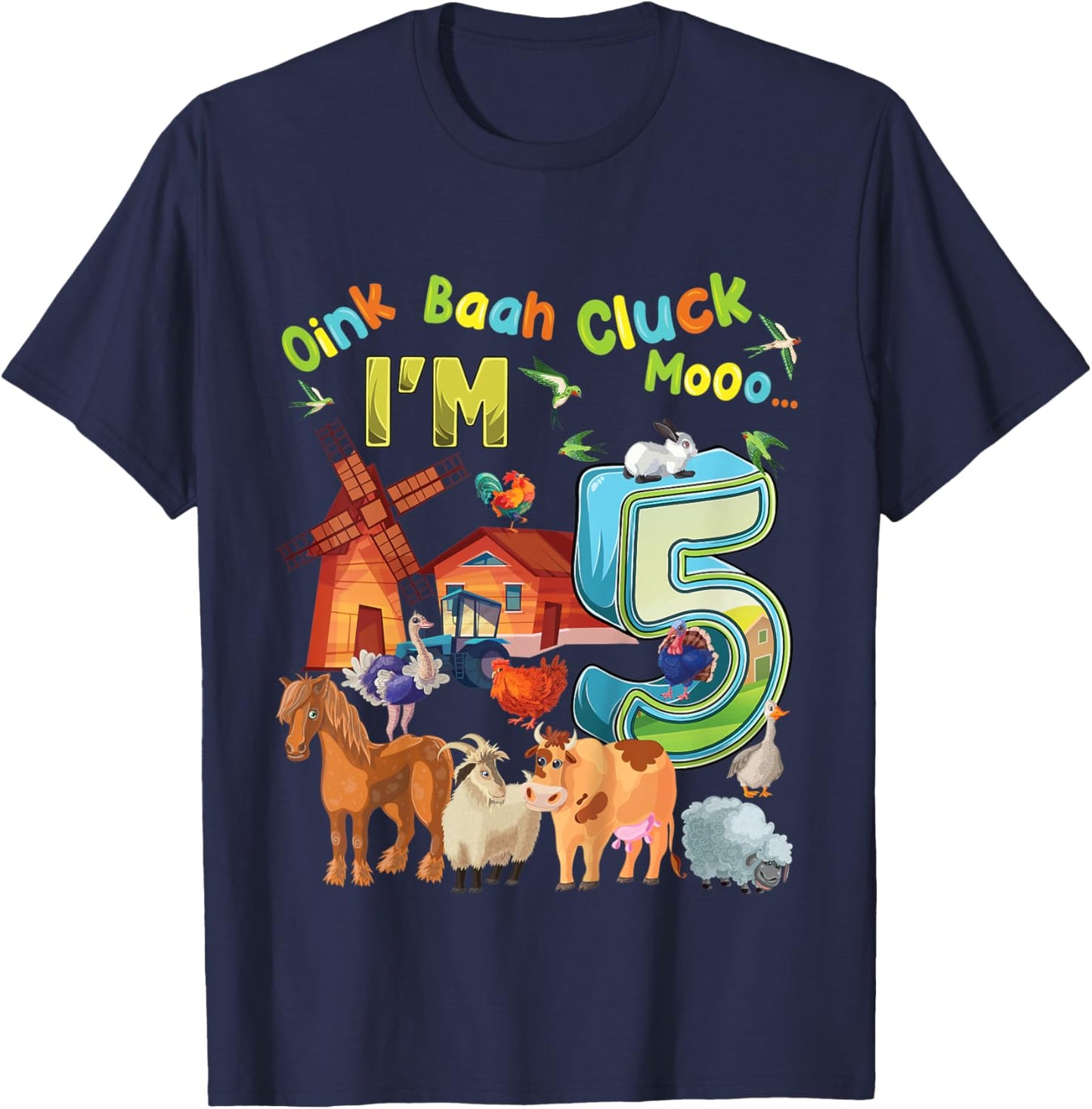 Kids Barnyard 5th Birthday Farm Animals 5 Years Old Farming T-Shirt - T-Shirt | Navy