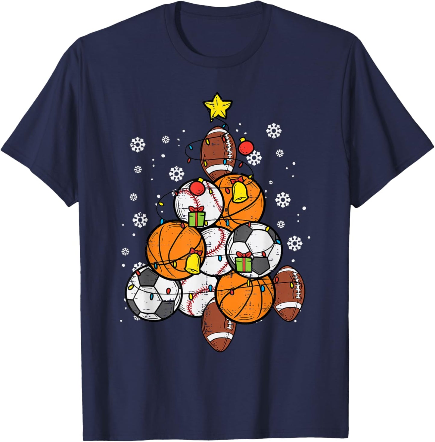 Sport Christmas Tree Football Soccer Baseball Basketball T-Shirt - T-Shirt | Navy
