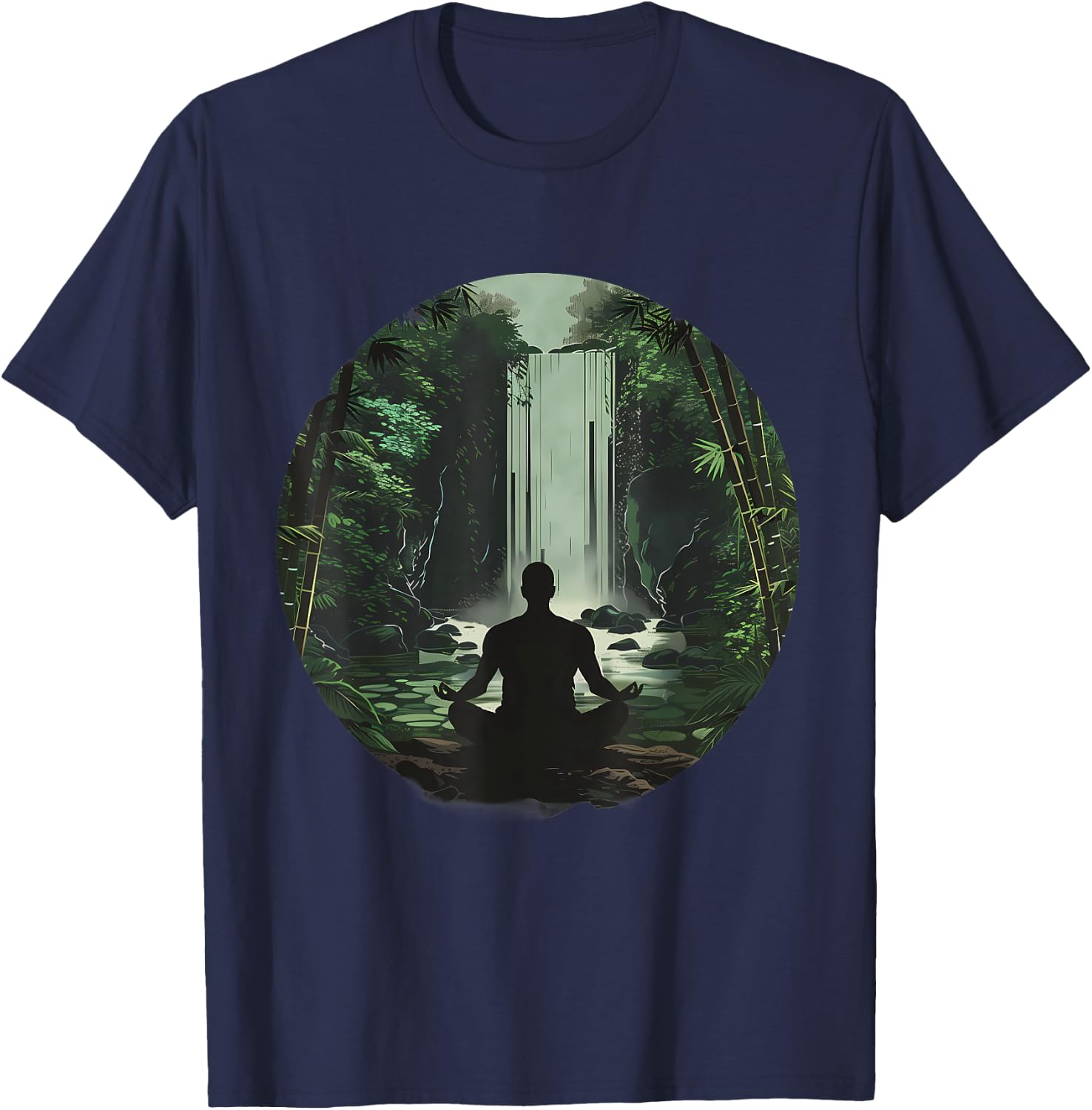 Meditation Zen Buddha Waterfall Buddhist Hindu Yoga Nature T-Shirt - T-Shirt | Navy