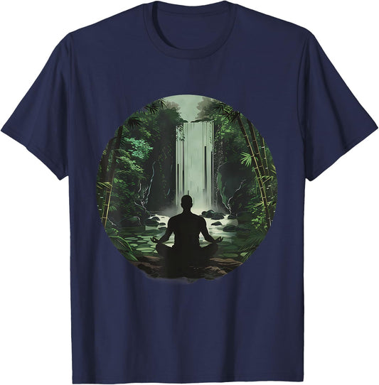 Meditation Zen Buddha Waterfall Buddhist Hindu Yoga Nature T-Shirt - T-Shirt | Navy