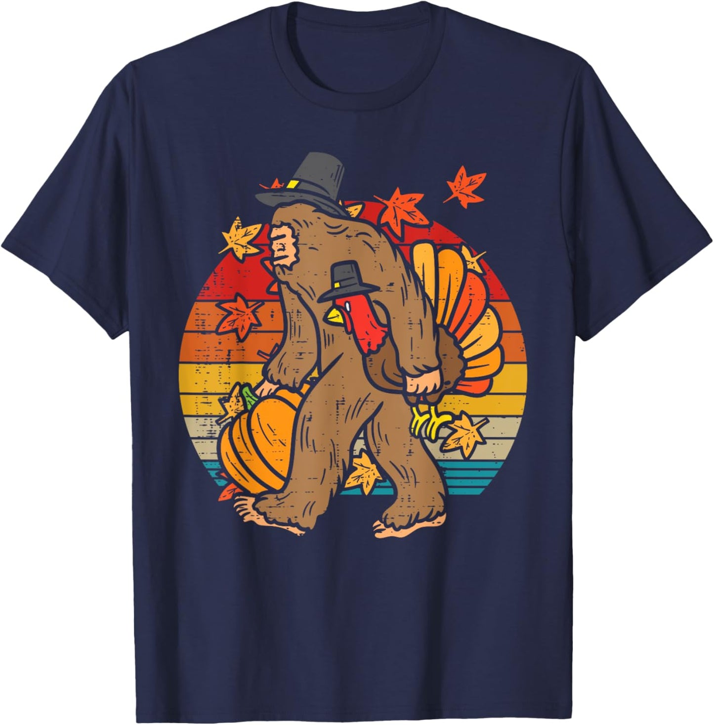 Pilgrim Bigfoot Turkey Retro Thanksgiving Sasquatch Men T-Shirt - T-Shirt | Navy