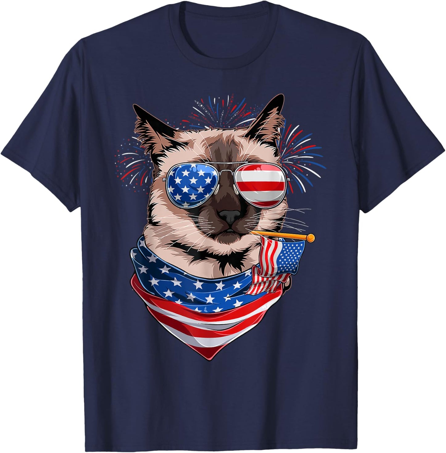 Funny Meowica Siamese Cat Lover Owner USA Flag 4th Of July T-Shirt - T-Shirt | Navy