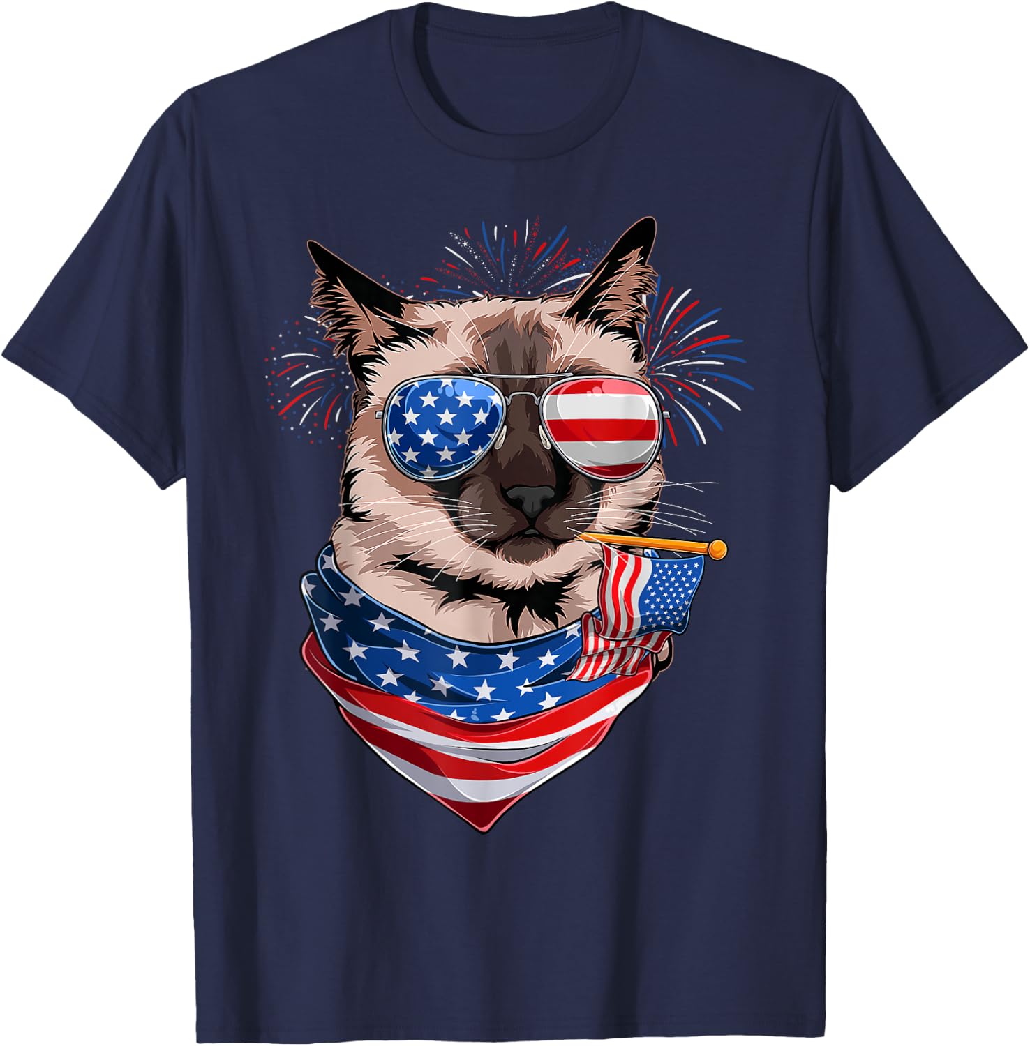 Funny Meowica Siamese Cat Lover Owner USA Flag 4th Of July T-Shirt - T-Shirt | Navy