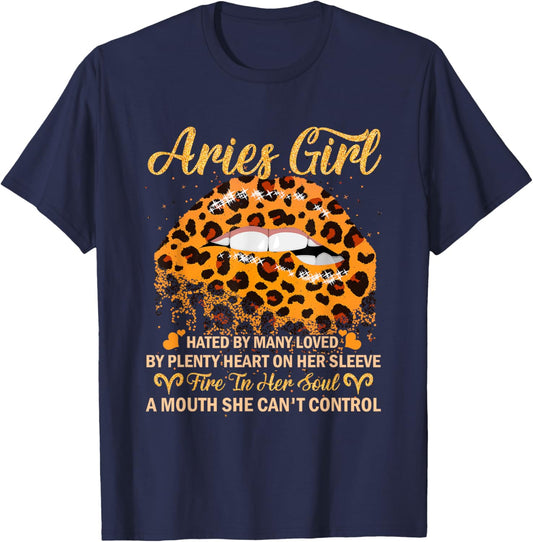 Aries Girl Birthday Leopard Sexy Lip Zodiac T-Shirt - T-Shirt | Navy