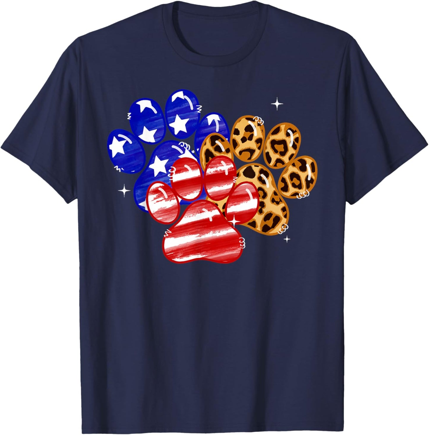 Leopard American Flag Hearts 4th Of July Dog Paw Print Cute T-Shirt - T-Shirt | Navy
