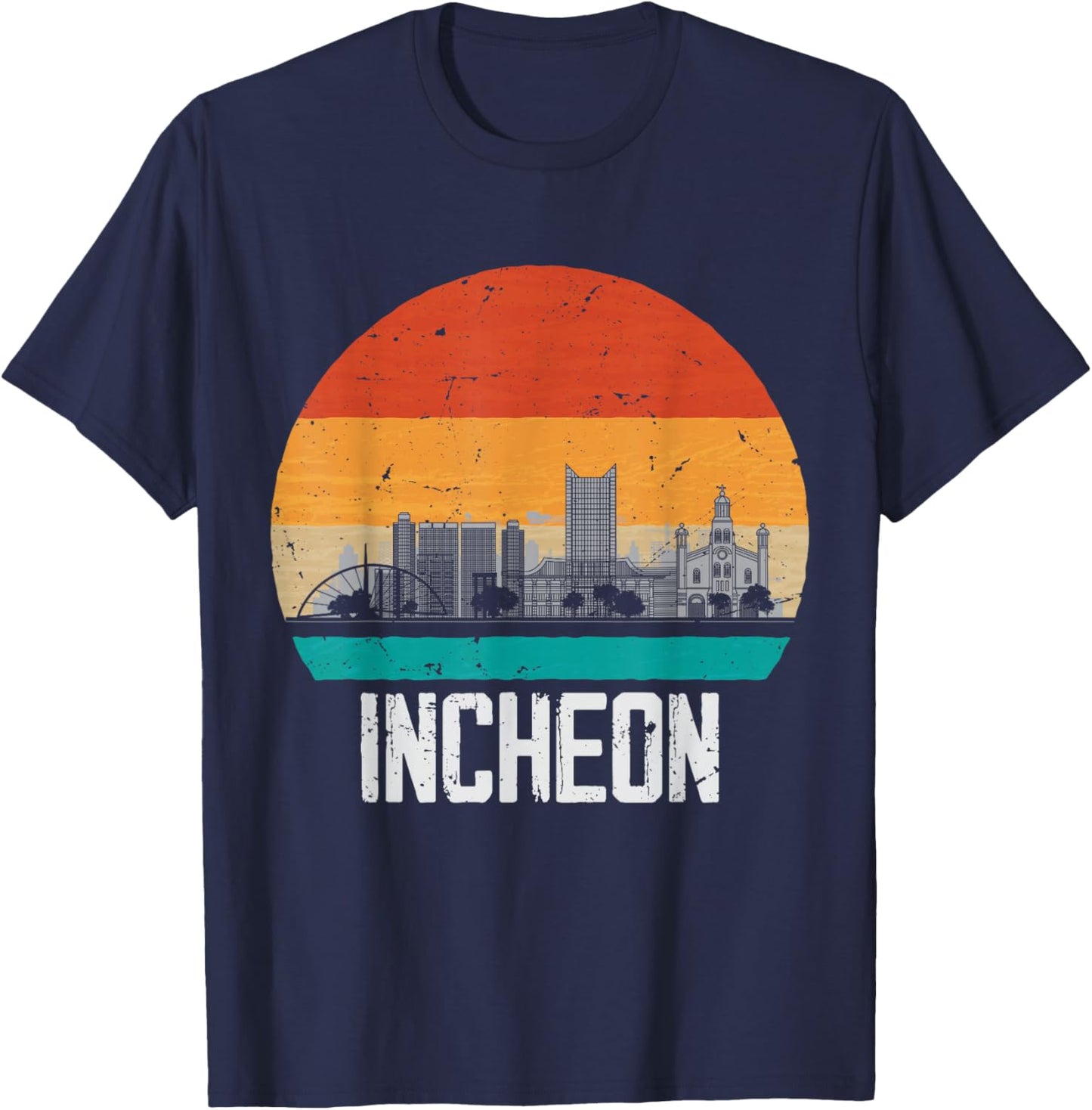 Incheon South Korea Retro Vintage Sunset Skyline Incheon T-Shirt - T-Shirt | Navy