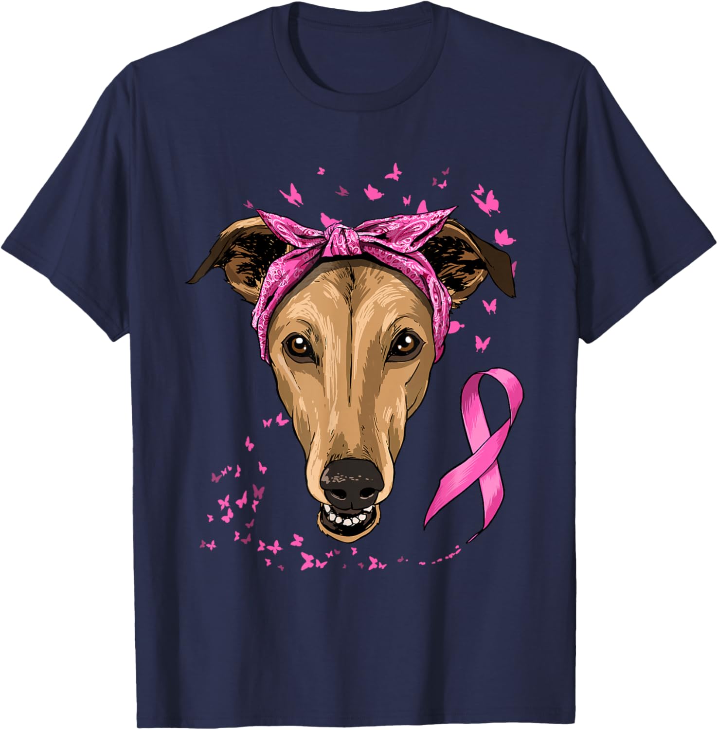 Greyhound Pink Ribbon Breast Cancer Awareness Survivor T-Shirt - T-Shirt | Navy
