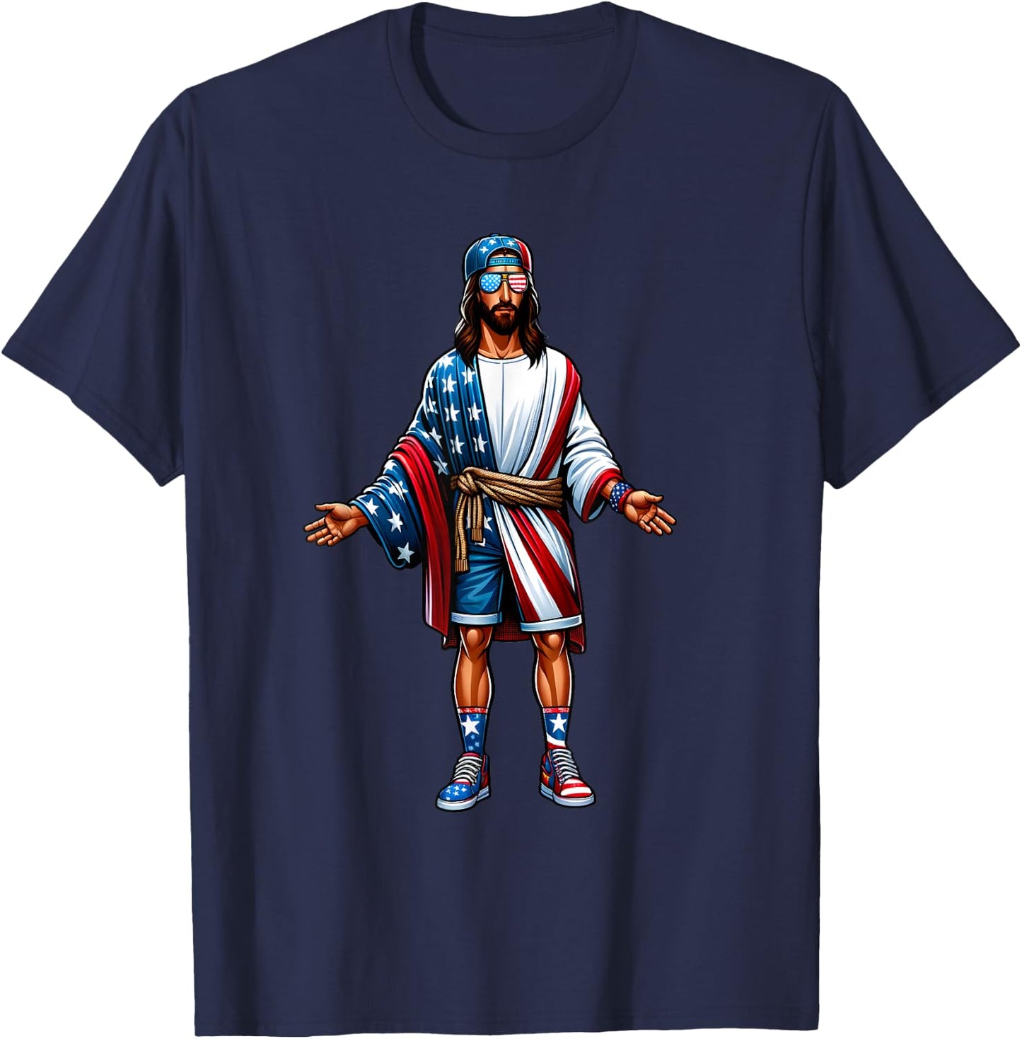 Love Jesus and America Too USA Flag July 4 Christian Church T-Shirt - T-Shirt | Navy