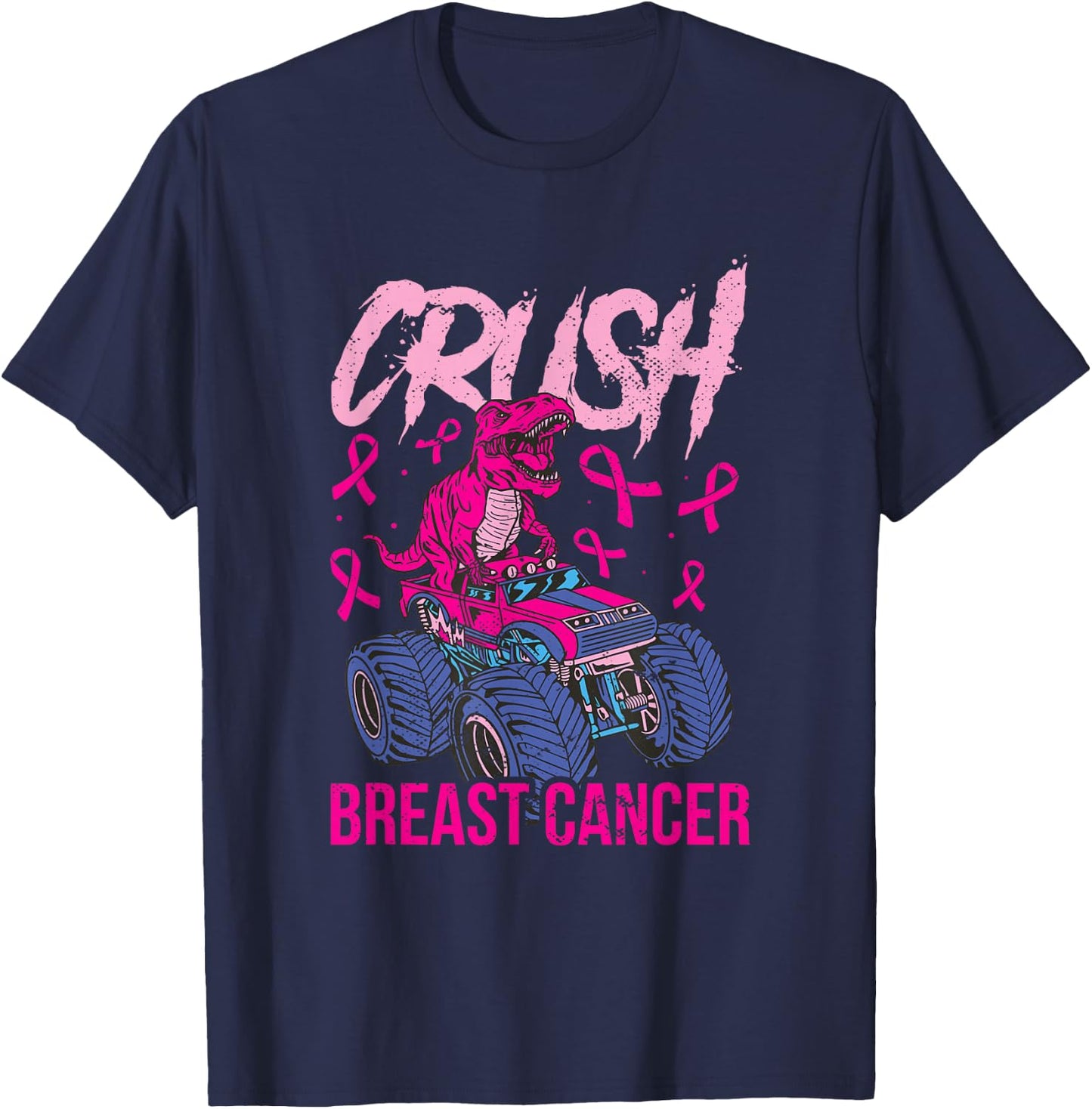 Crush Breast Cancer Awareness Monster Truck Boys Girls Dinos T-Shirt - T-Shirt | Navy