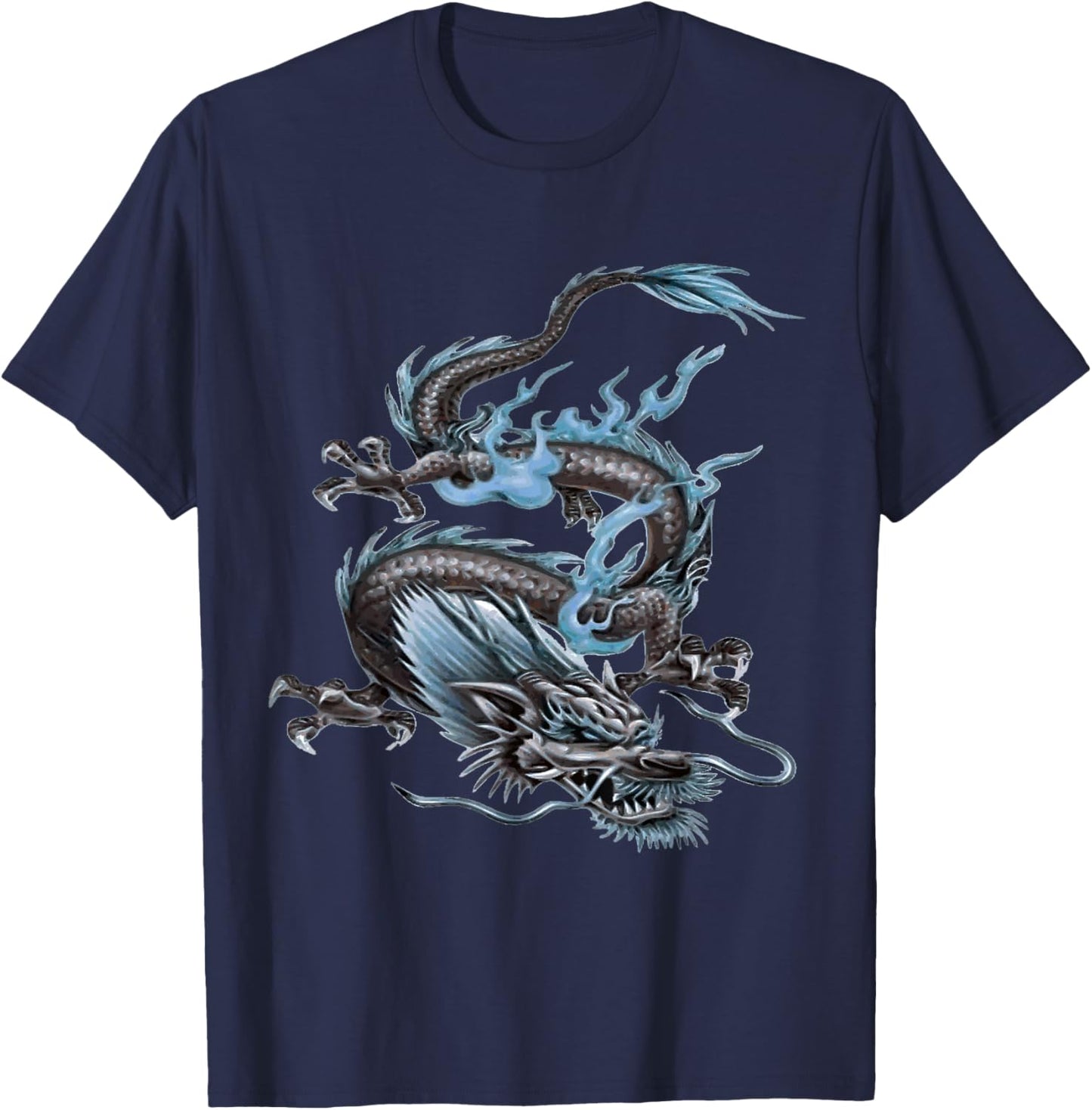 Chinese Fire Dragon In Light Gray And Pale Blue T-Shirt - T-Shirt | Navy