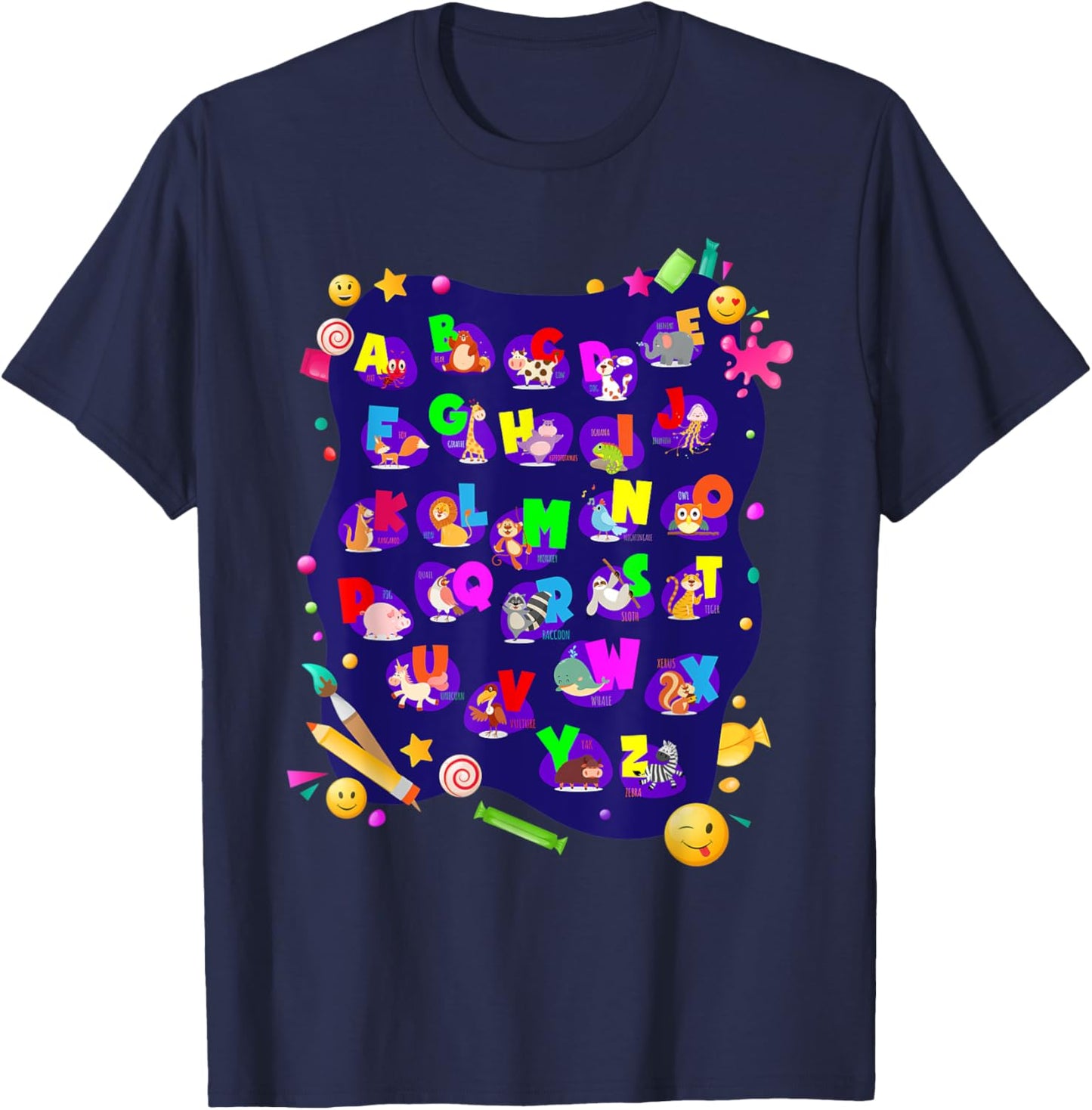 Alphabet Animals I Back To School Students Girls Boys T-Shirt - T-Shirt | Navy