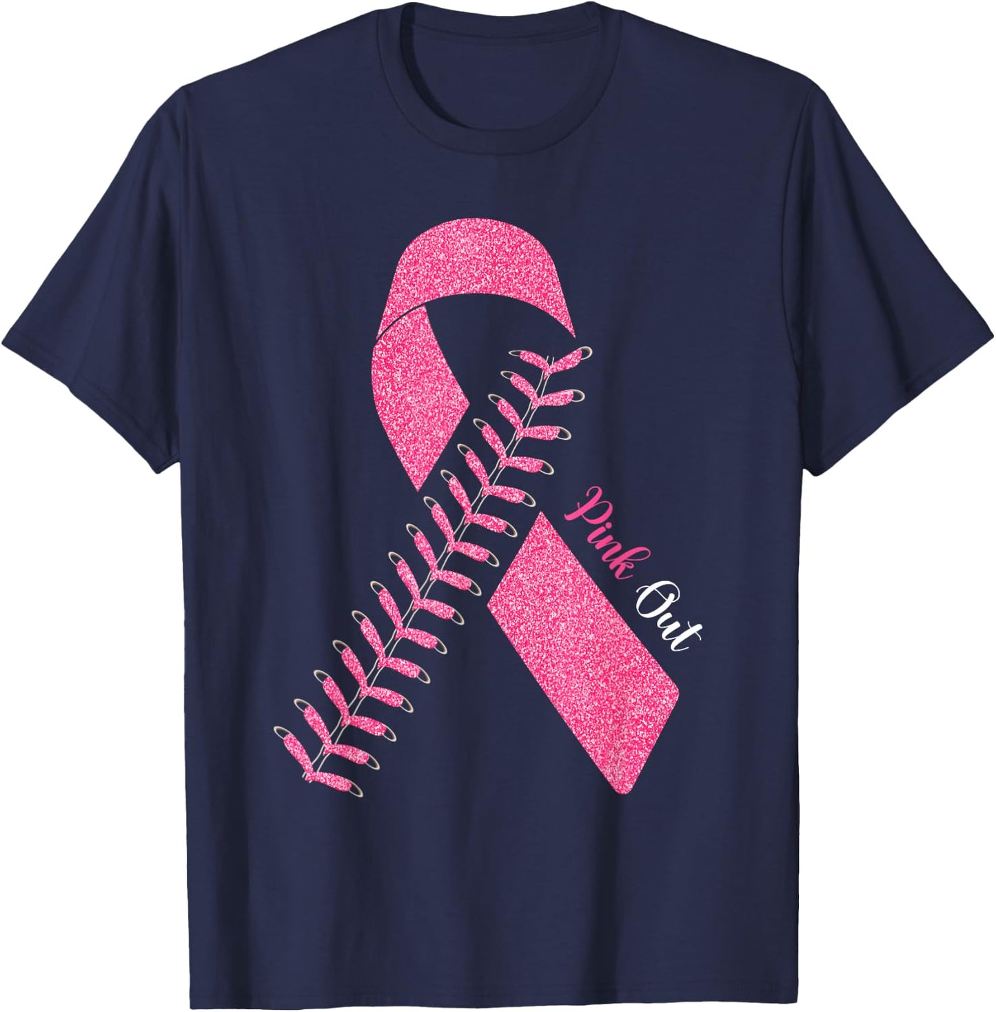 Pink Out Breast Cancer Awareness Baseball Ball & Pink Ribbon T-Shirt - T-Shirt | Navy