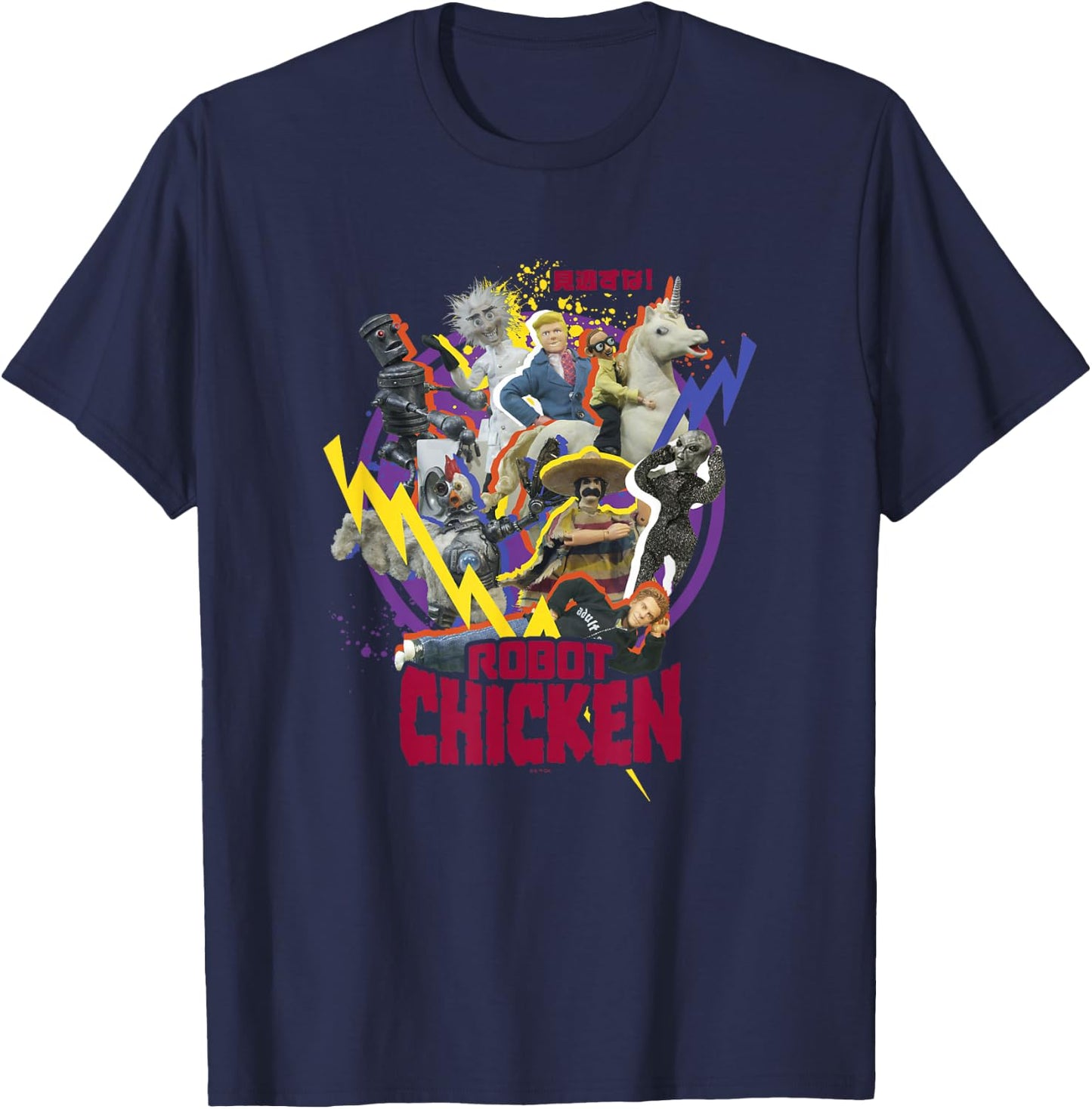 Robot Chicken Classic Characters Colorful Kanji Group Shot T-Shirt - T-Shirt | Navy