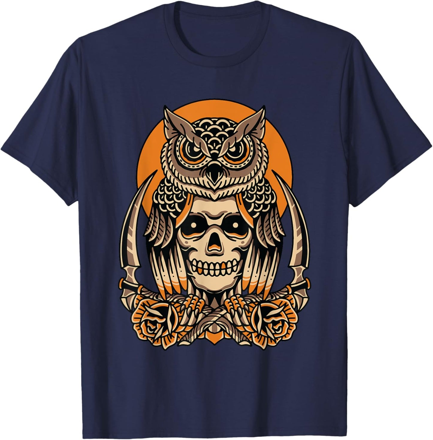 Owl Skull American Traditional Tattoo Old School Flash T-Shirt - T-Shirt | Navy