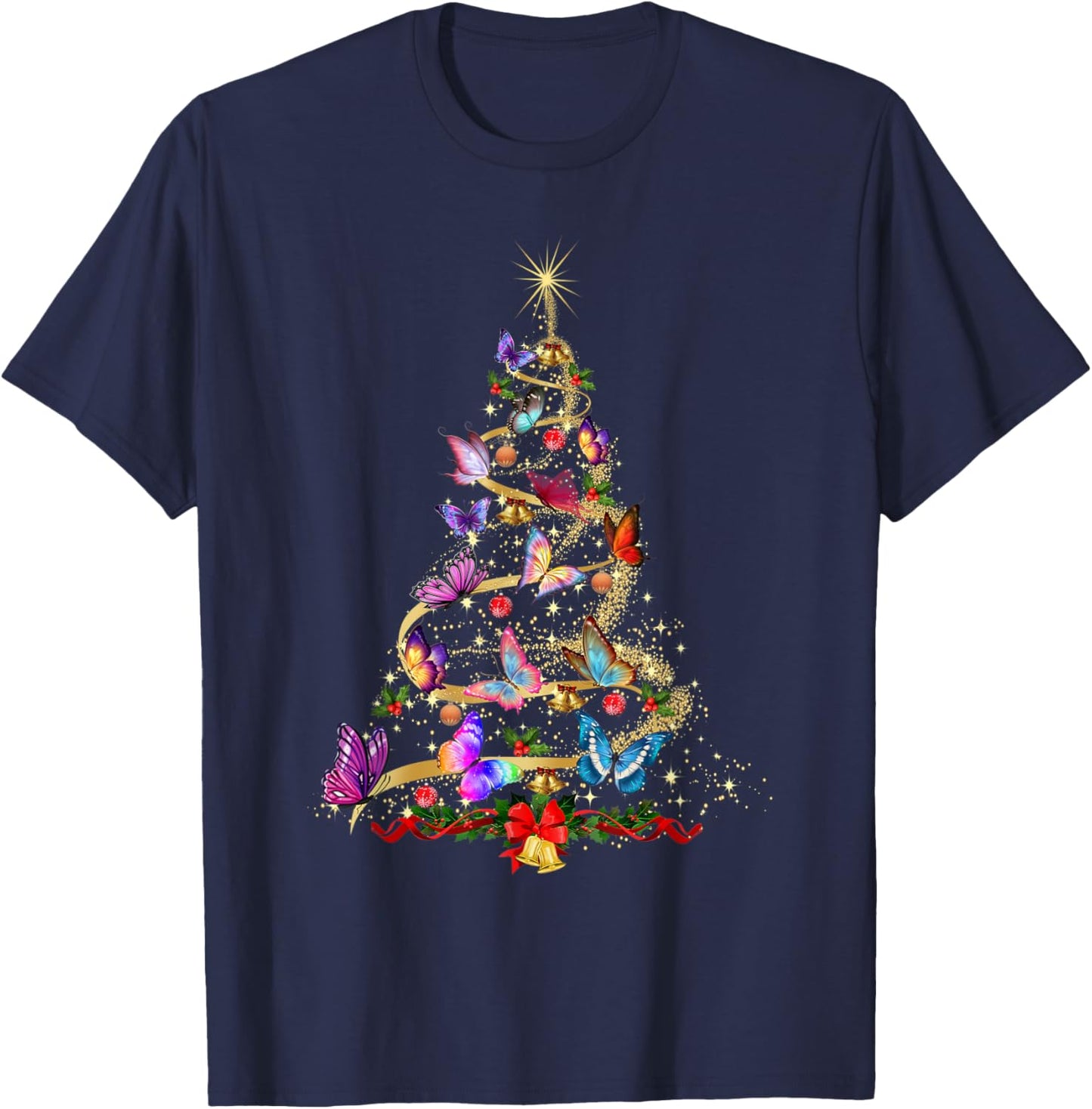 Butterfly Christmas Lights Women Girl Xmas Pajama Butterfly T-Shirt - T-Shirt | Navy