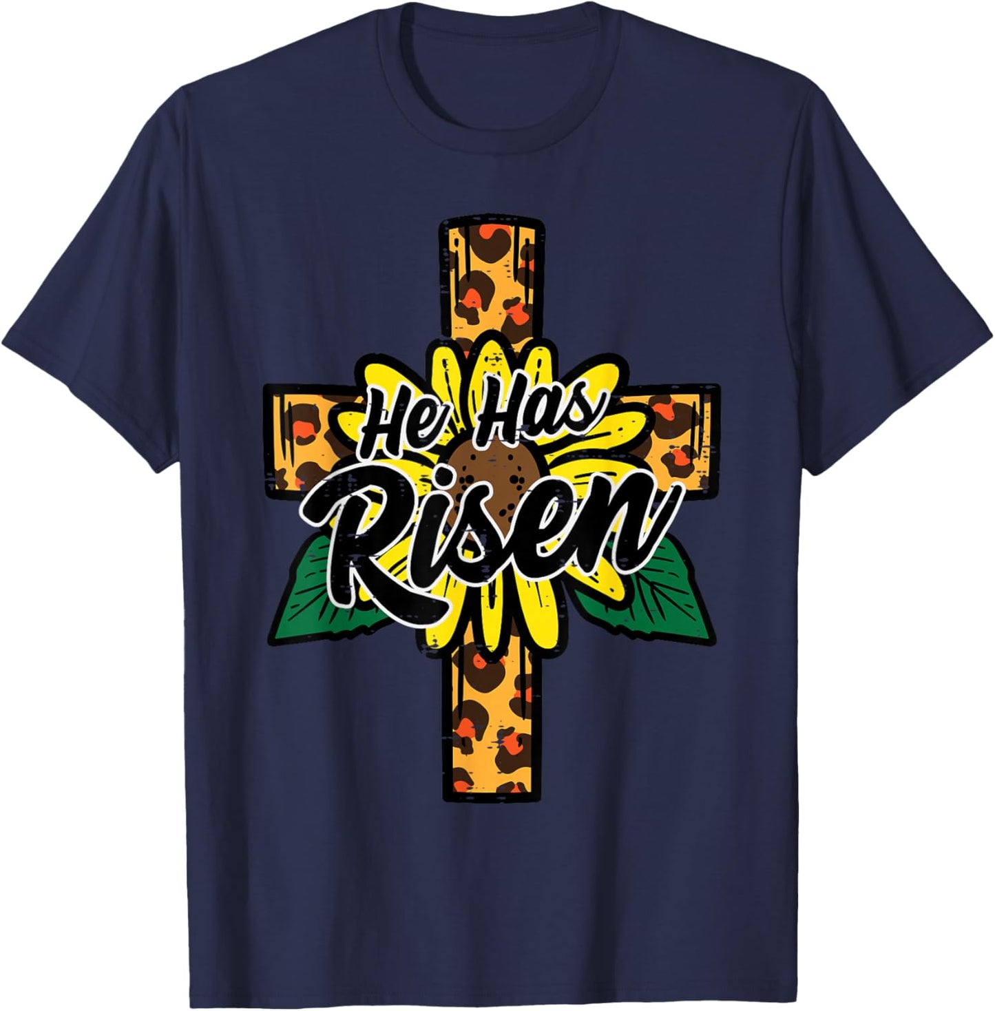 He Has Risen Leopard Cross Religious Easter Christian Women T-Shirt - T-Shirt | Navy