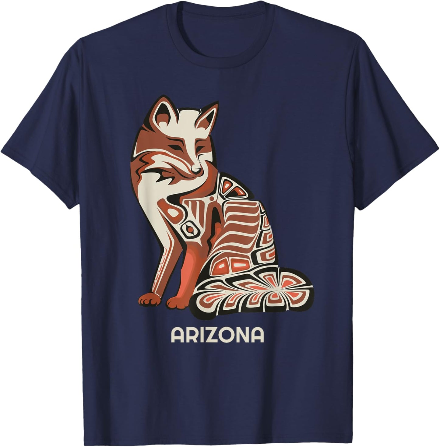 Red Tribal Fox Arizona Native American Artwork Style T-Shirt - T-Shirt | Navy