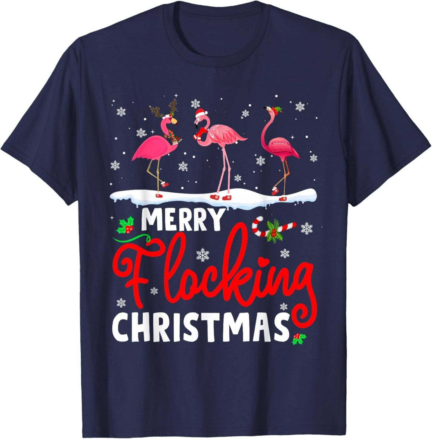 Merry Flocking Christmas Reindeer Santa ELF Flamingo Xmas T-Shirt - T-Shirt | Navy