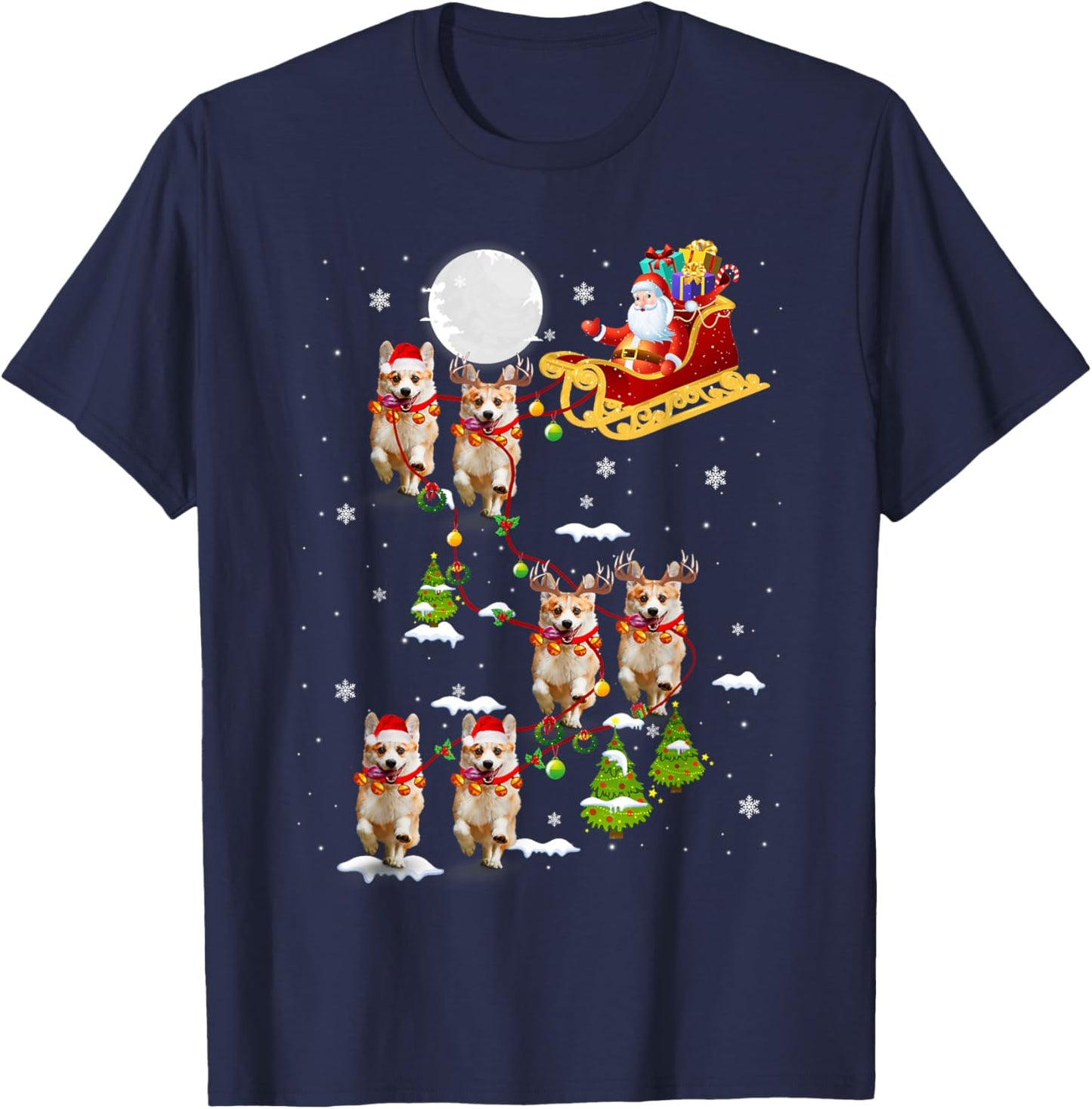 Santa Riding Corgi Sleigh Christmas Corgi Reindeer T-Shirt - T-Shirt | Navy