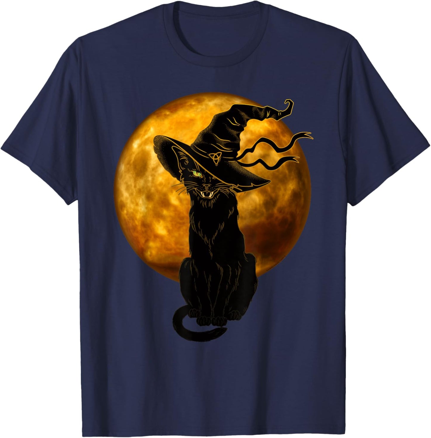 Scary Vintage Black Cat with Witch Hat Full Moon - Halloween T-Shirt - T-Shirt | Navy