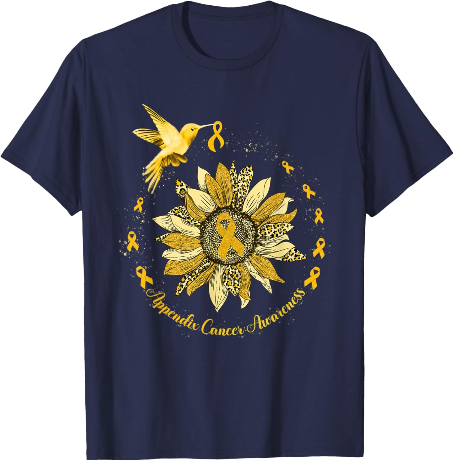 Sunflower Hummingbird Amber Appendix Cancer Warrior T-Shirt - T-Shirt | Navy